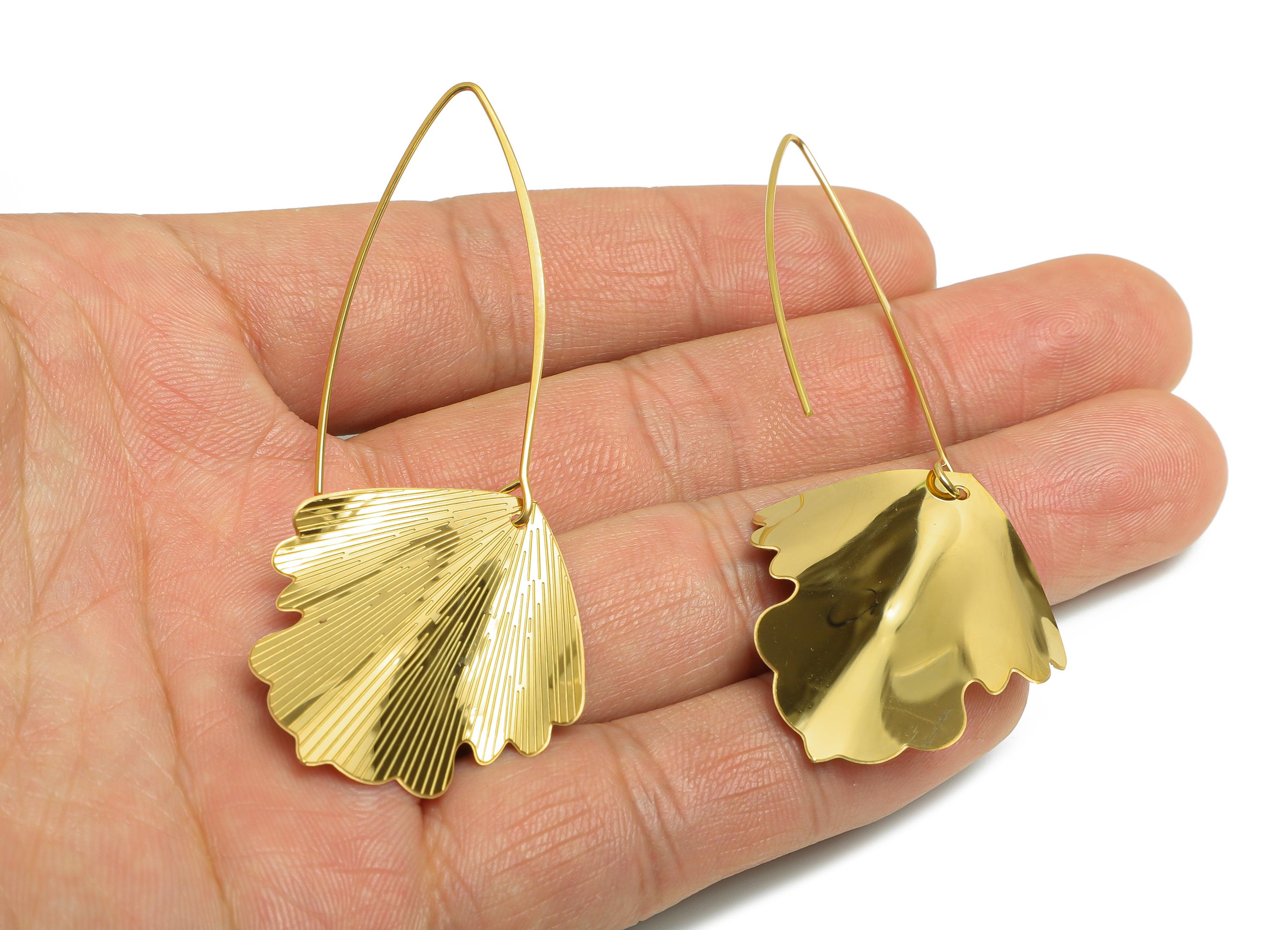 Steel Ginkgo Leaf Earring Hook - Ginkgo Leaf Earring Wire - Elegant Leaf Earrings for Women - Vacuum Gold Plating - 72x29x3.27mm - SS2254 - DOMEDBAZAAR