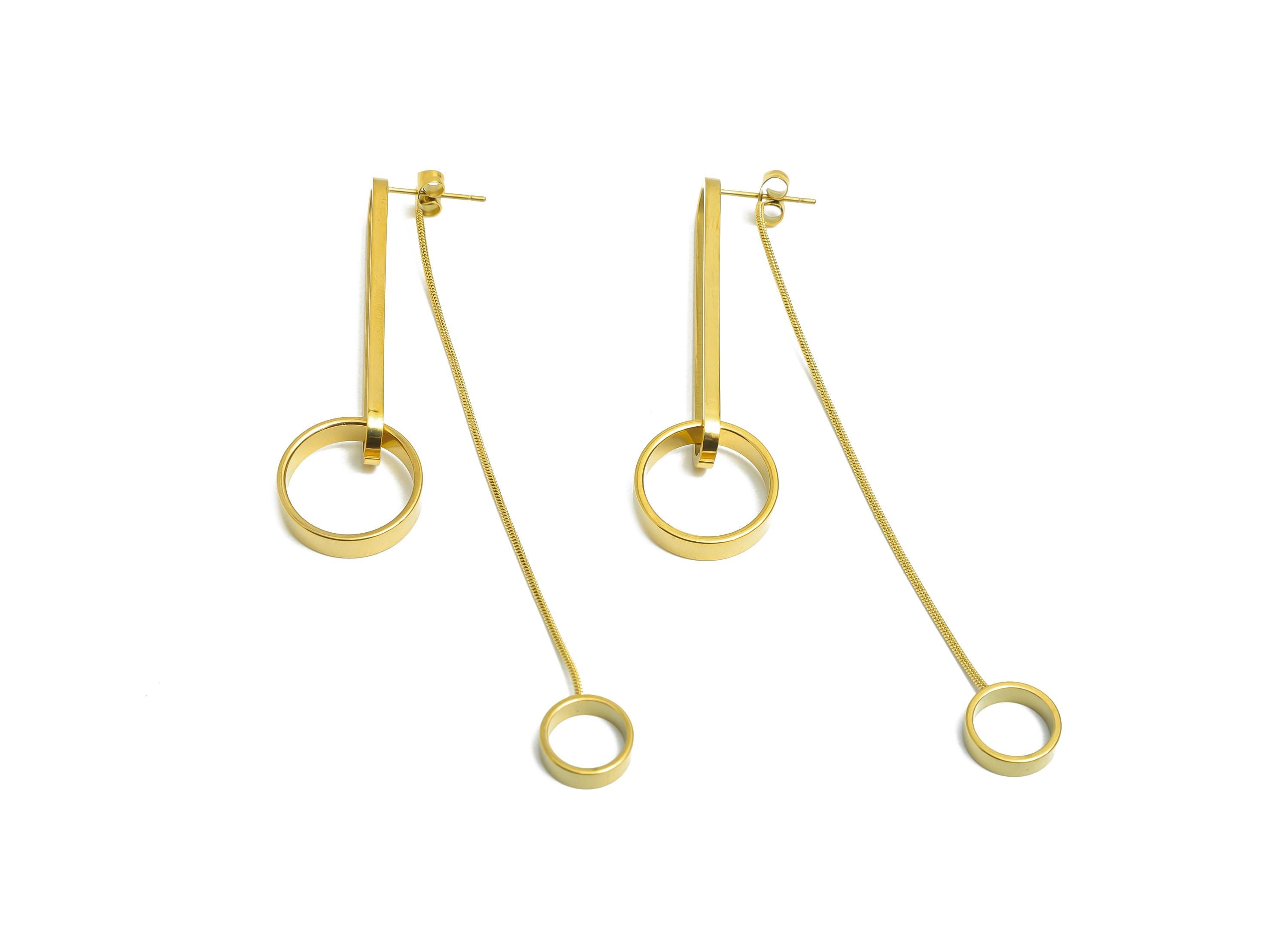 Steel Geometry Earring Stud - Modern Dangle Earring Post - Trendy Minimalist Geometric Earring Post - Vacuum Gold Plating - 83x7x13mm-SS2252 - DOMEDBAZAAR