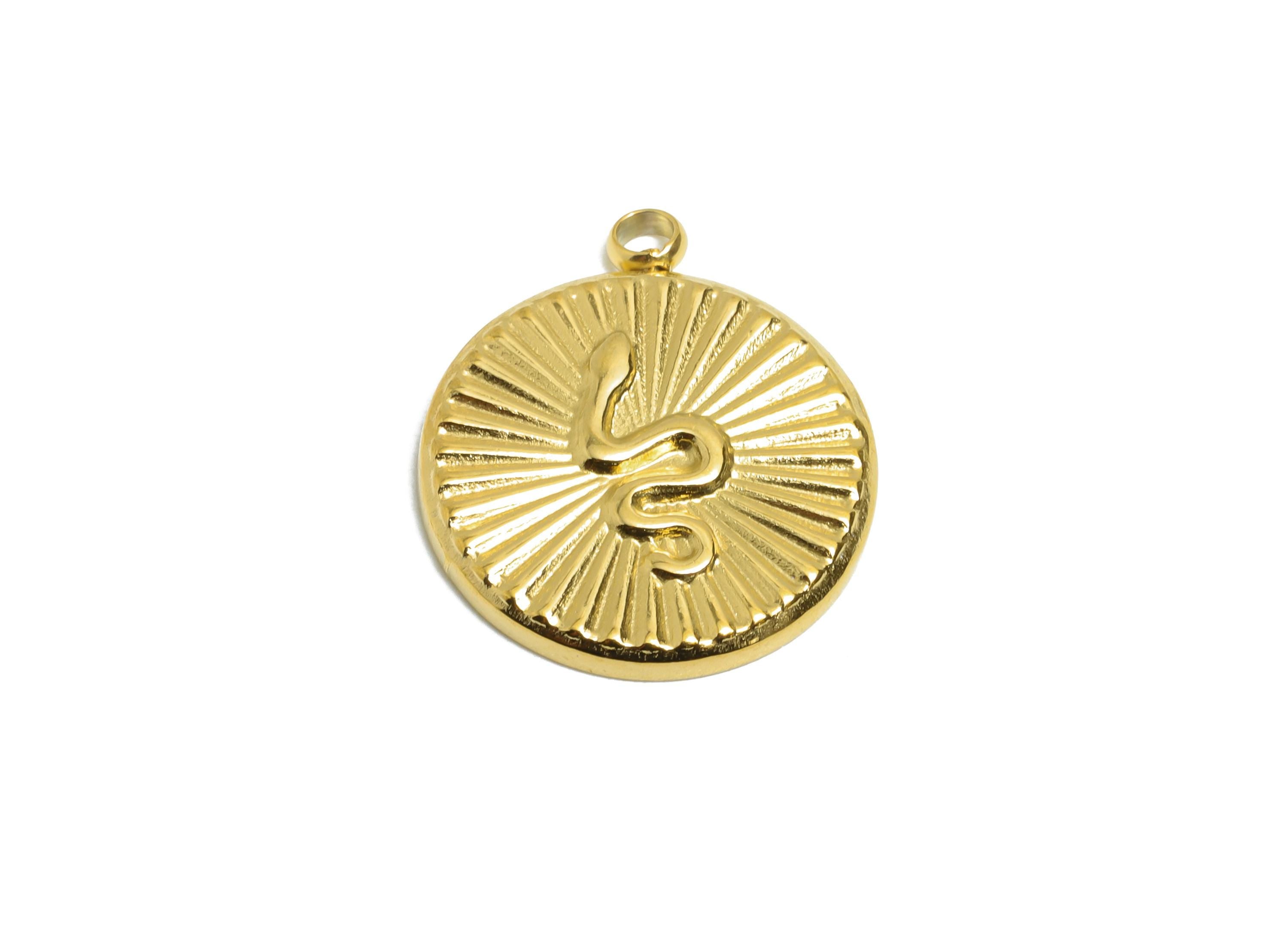 Stainless Steel Snake Charm - Textured Round Sunburst Snake Pendant - Mystical Serpent Charms - 18K Vacuum Plated - 18.7x15.9x2mm - SS2191G - DOMEDBAZAAR