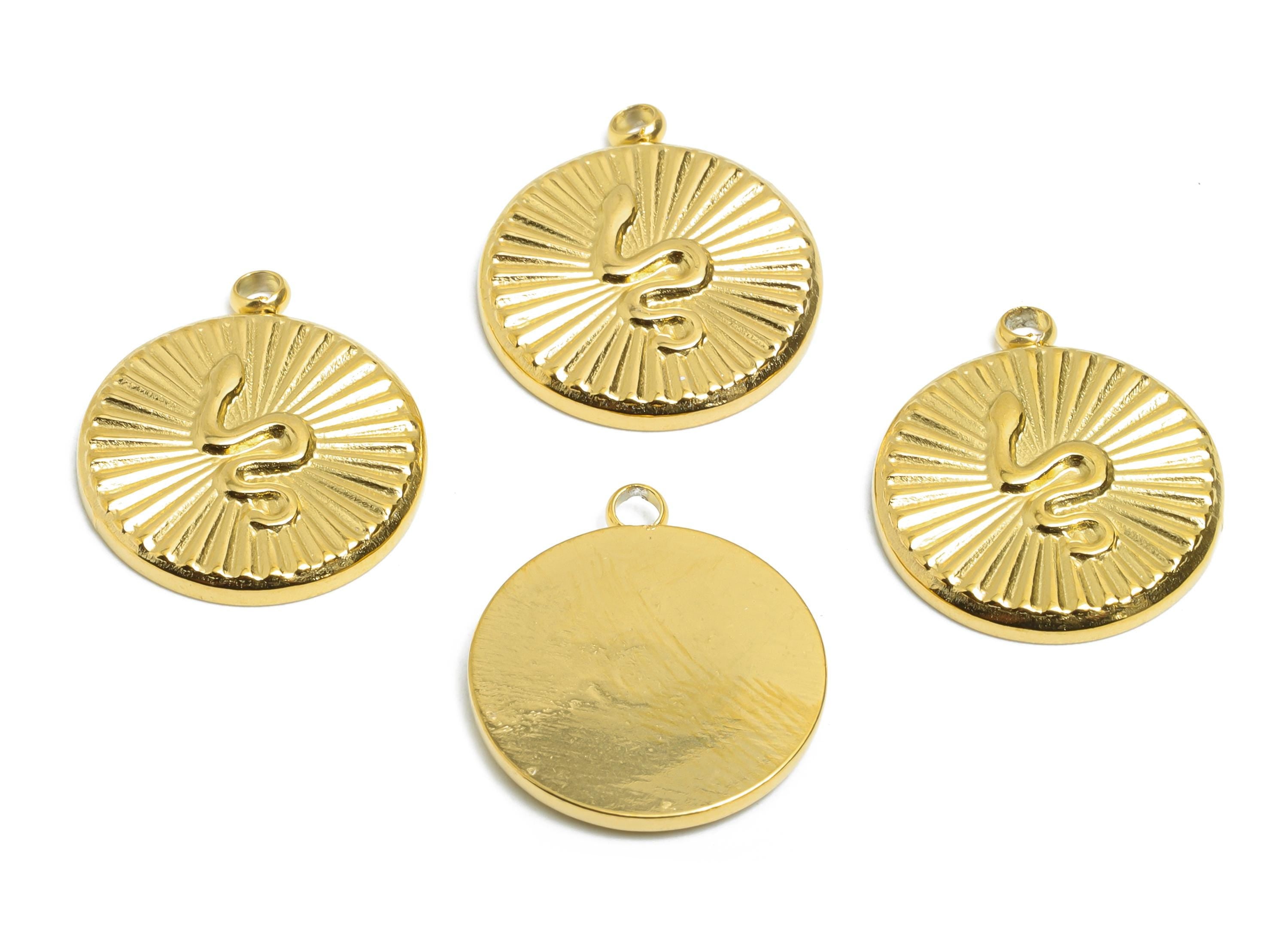 Stainless Steel Snake Charm - Textured Round Sunburst Snake Pendant - Mystical Serpent Charms - 18K Vacuum Plated - 18.7x15.9x2mm - SS2191G - DOMEDBAZAAR