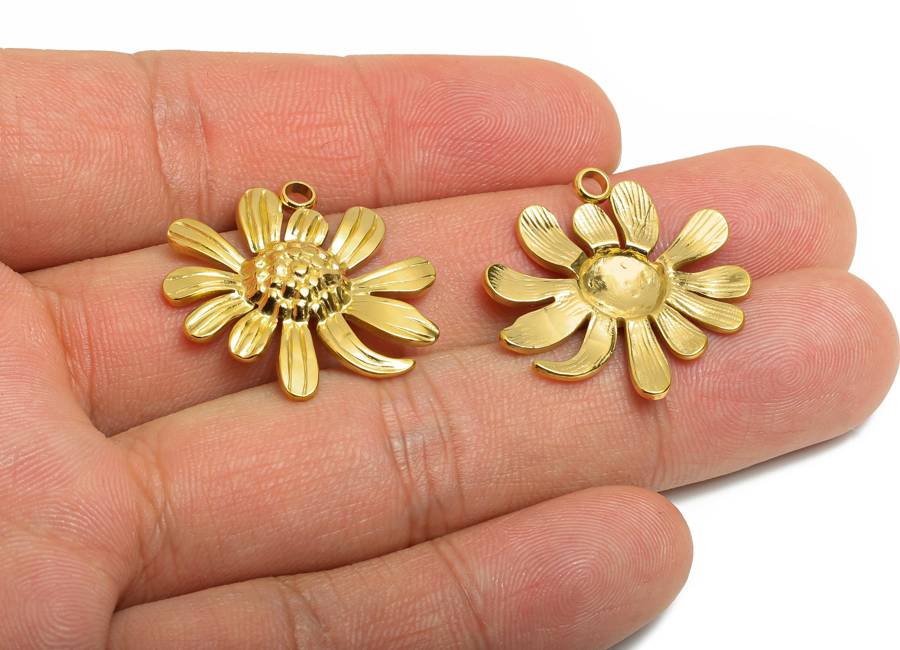 Steel Daisy Pendant - Handmade Dainty Flower Necklace Pendant - Statement Botanical Floral Pendant - 18K Vacuum Plated - 23x26x3mm - SS2202G - DOMEDBAZAAR