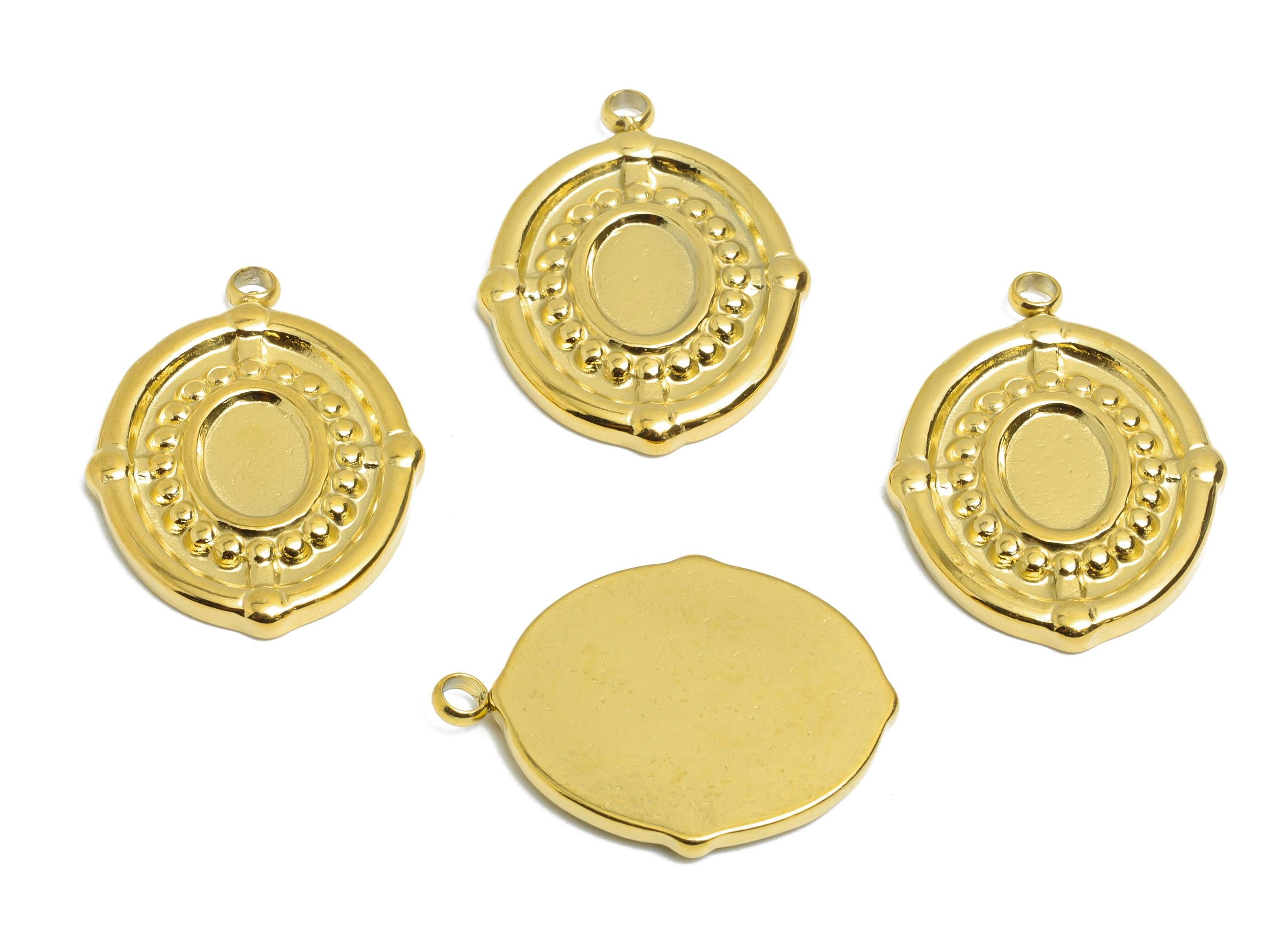 Steel Oval Charms - Vintage Geometric Necklace Pendant - Elegant Handmade Metal Jewelry - 18K Real Vacuum Plated - 23x17.3x2.23mm - SS2199G - DOMEDBAZAAR