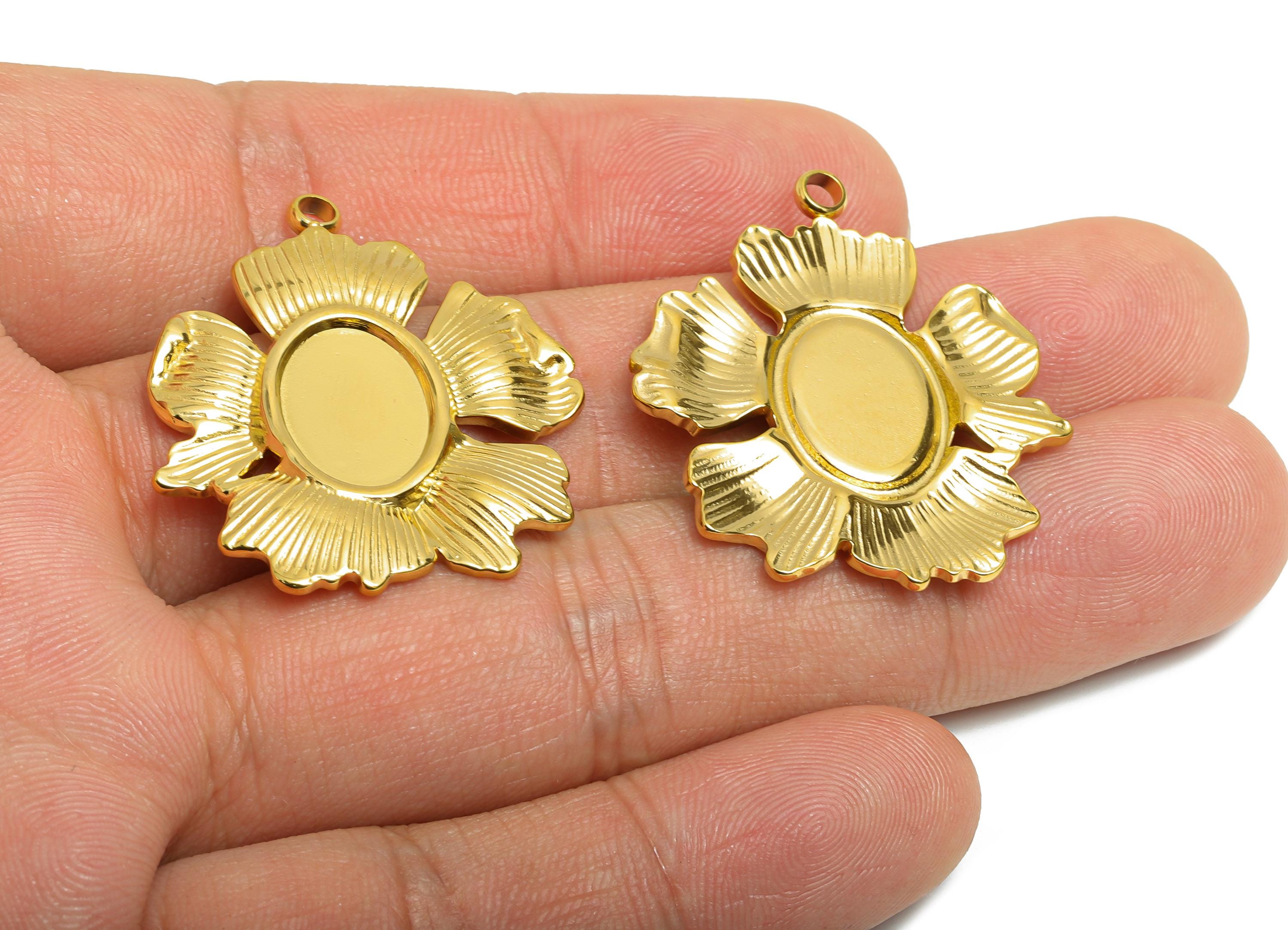 Stainless Steel Floral Pendant - Textured Flower Necklace Pendant - Vintage Botanical Charm - 18K Real Vacuum Plated - 34x29x2mm - SS2190G - DOMEDBAZAAR