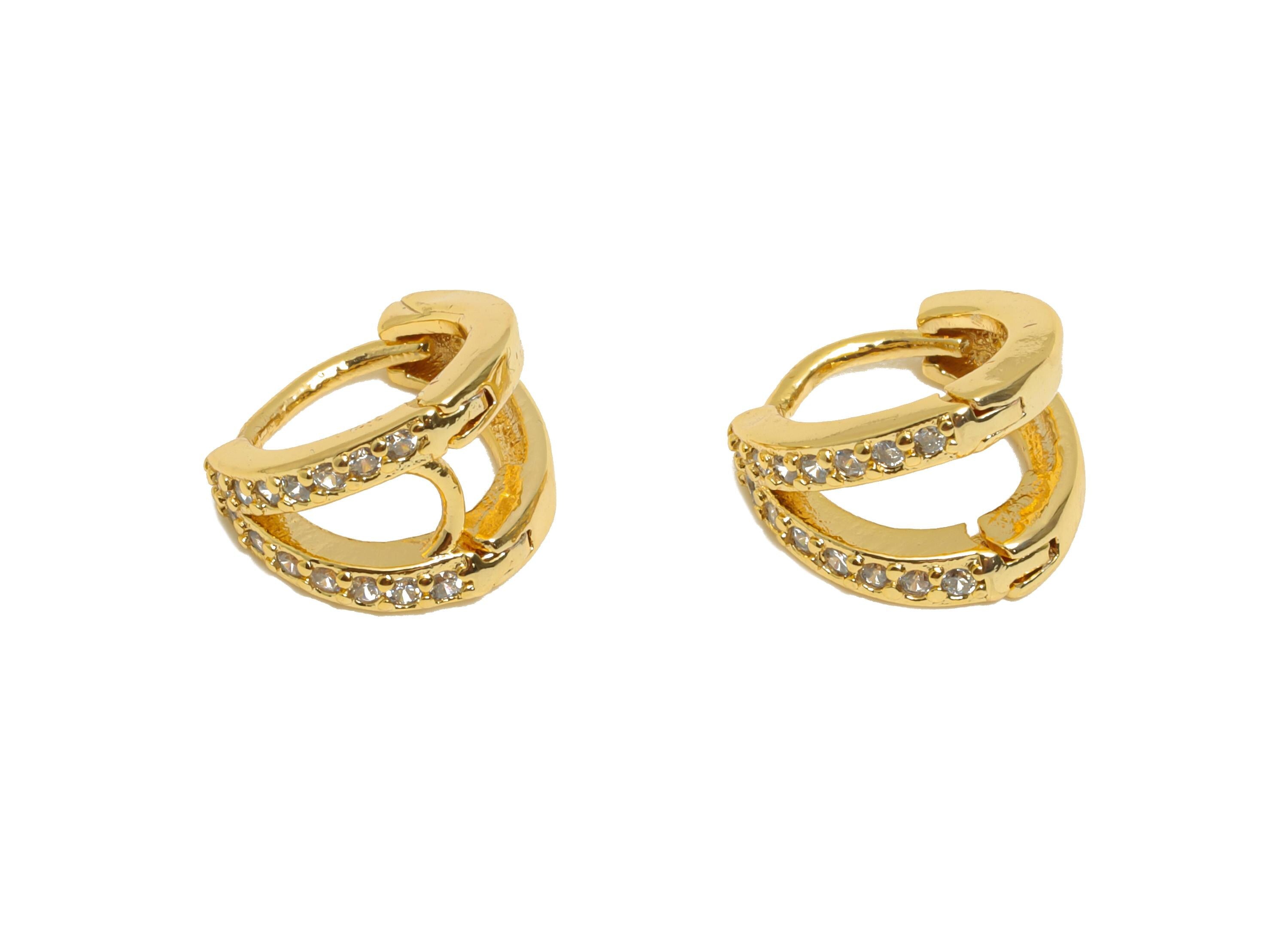 Brass CZ Round Huggie Hoop Earring - Double Hoop Zircon Earring - Delicate Huggie Hoop Clasp - 18K Real Gold Plated - 9x8.57x6mm - RGP10902 - DOMEDBAZAAR