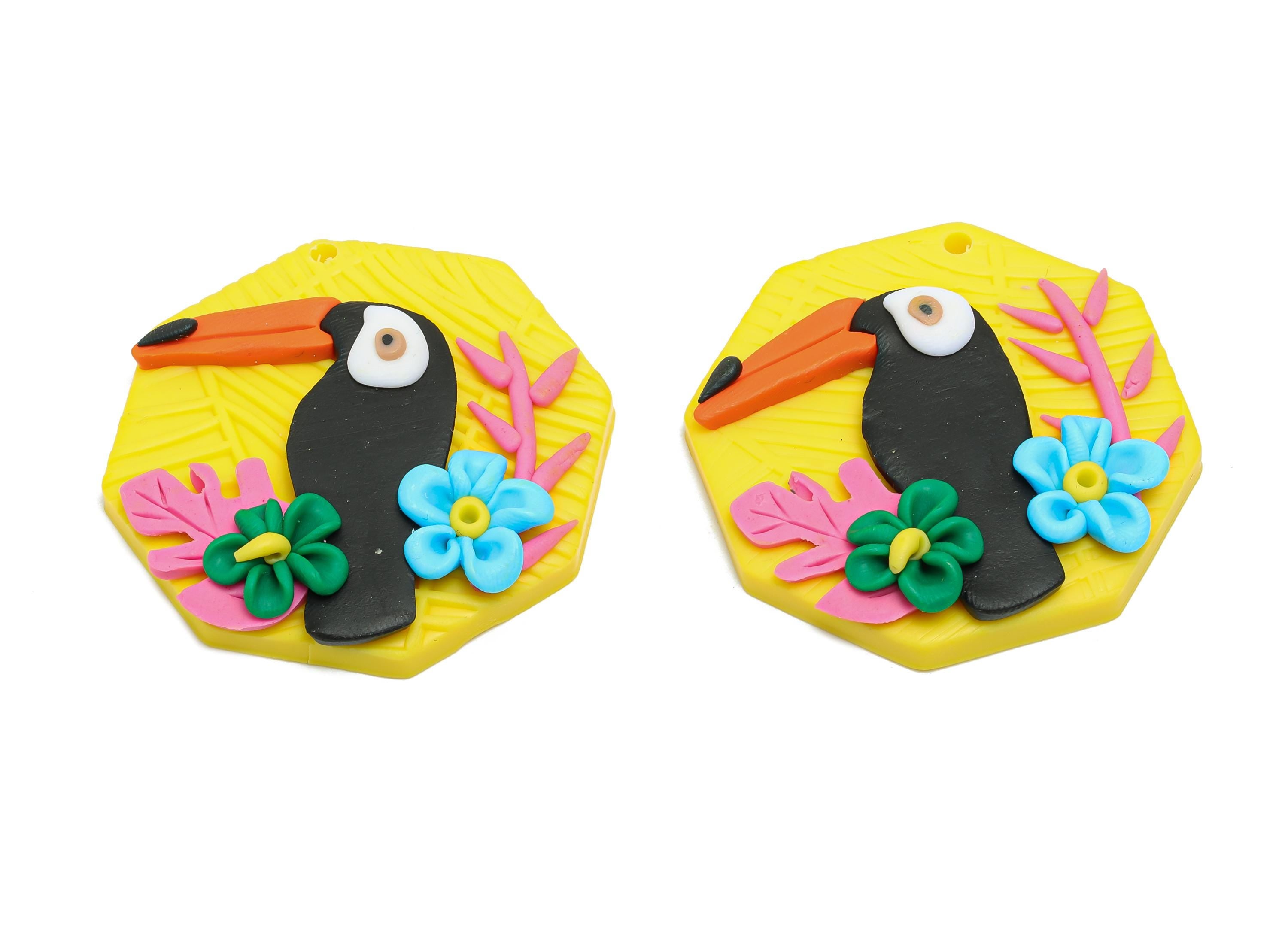 Polymer Clay Toucan Pendant - Artisan 3D Flower Charm - Bright Summer Colorful Toucan Accessory - DIY Craft Jewelry - 32x24x9.65mm - PC2342