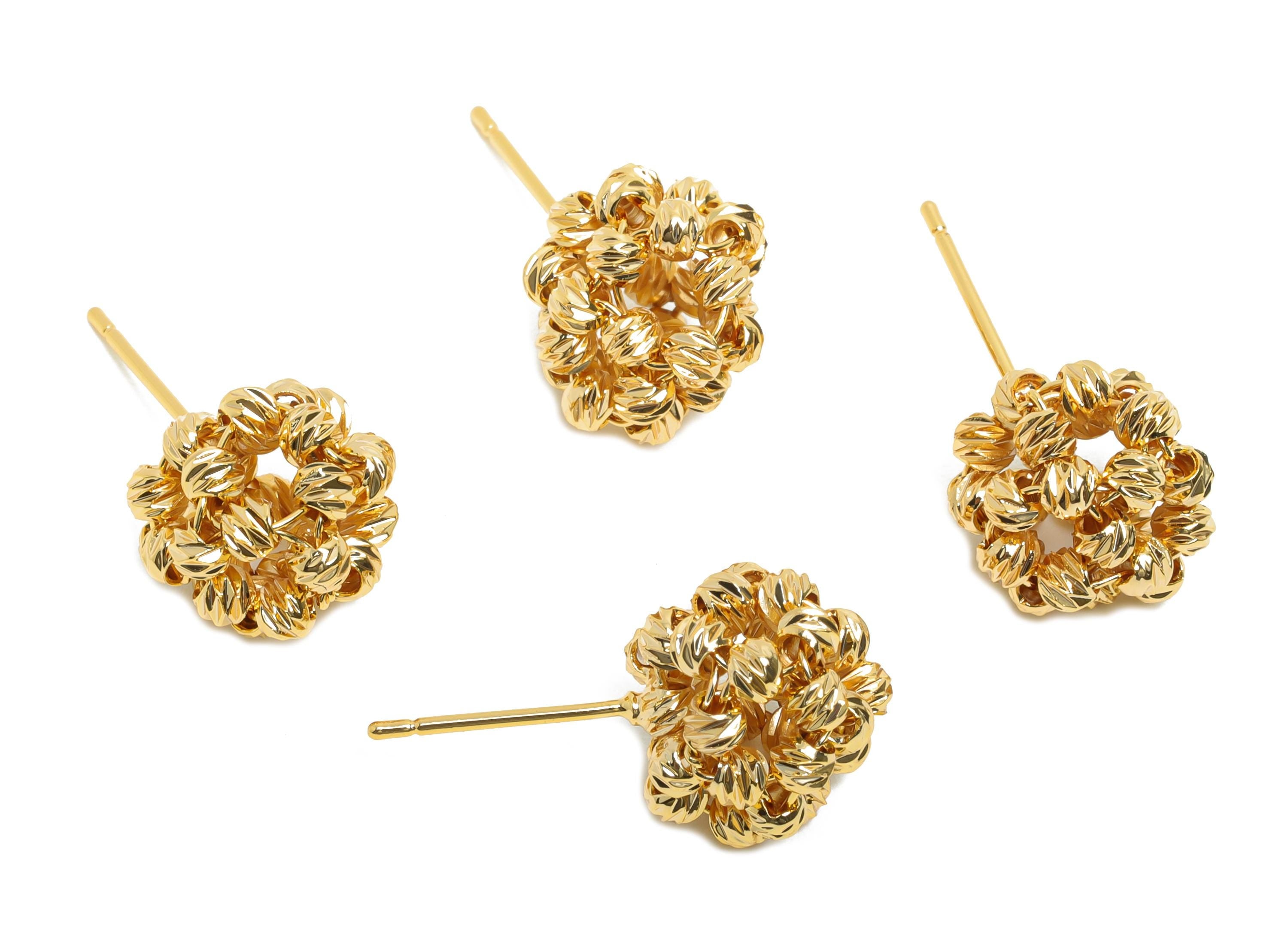 Brass Beaded Earring Post - Brass Textured Cluster Earring - Braided Bead Stud Earring - 18K Real Gold Plating - 41x31x2mm - RGP10808 - DOMEDBAZAAR