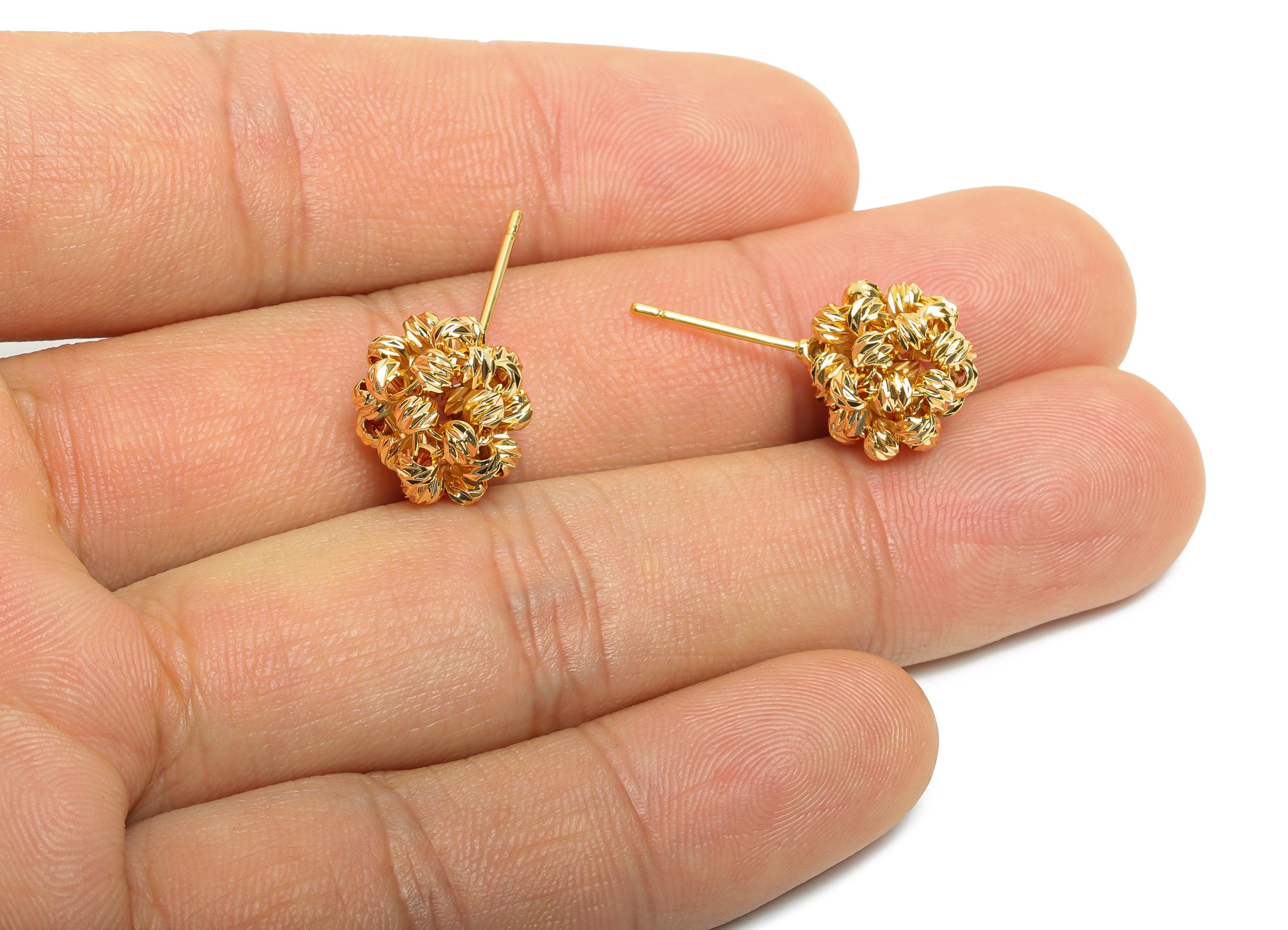 Brass Beaded Earring Post - Brass Textured Cluster Earring - Braided Bead Stud Earring - 18K Real Gold Plating - 41x31x2mm - RGP10808 - DOMEDBAZAAR