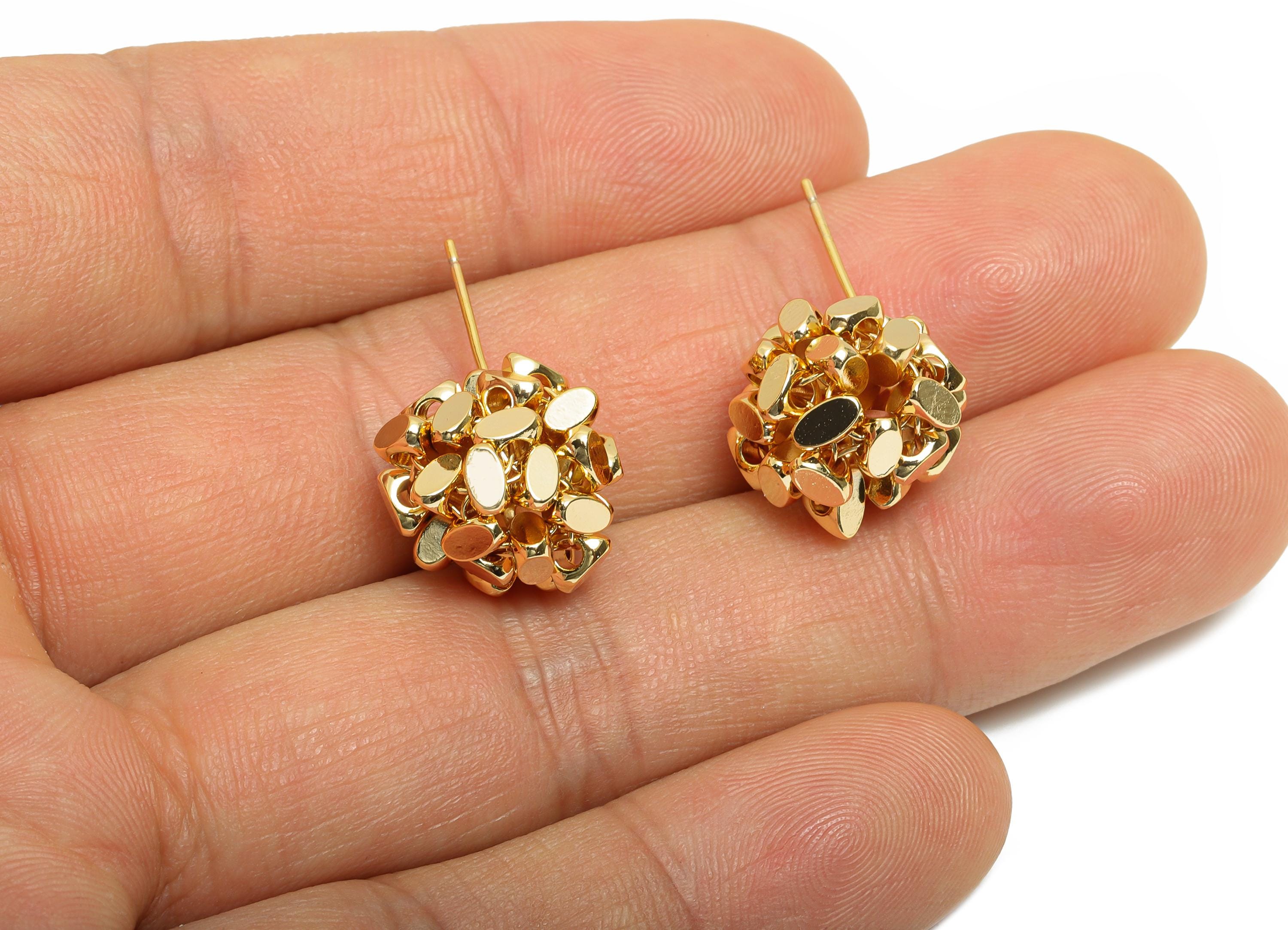 Brass Nugget Cluster Earring Stud - Brass Gold Ball Earring - Geometric Bead Cluster Earring -18K Real Gold Plating - 25x13x13mm - RGP10809 - DOMEDBAZAAR