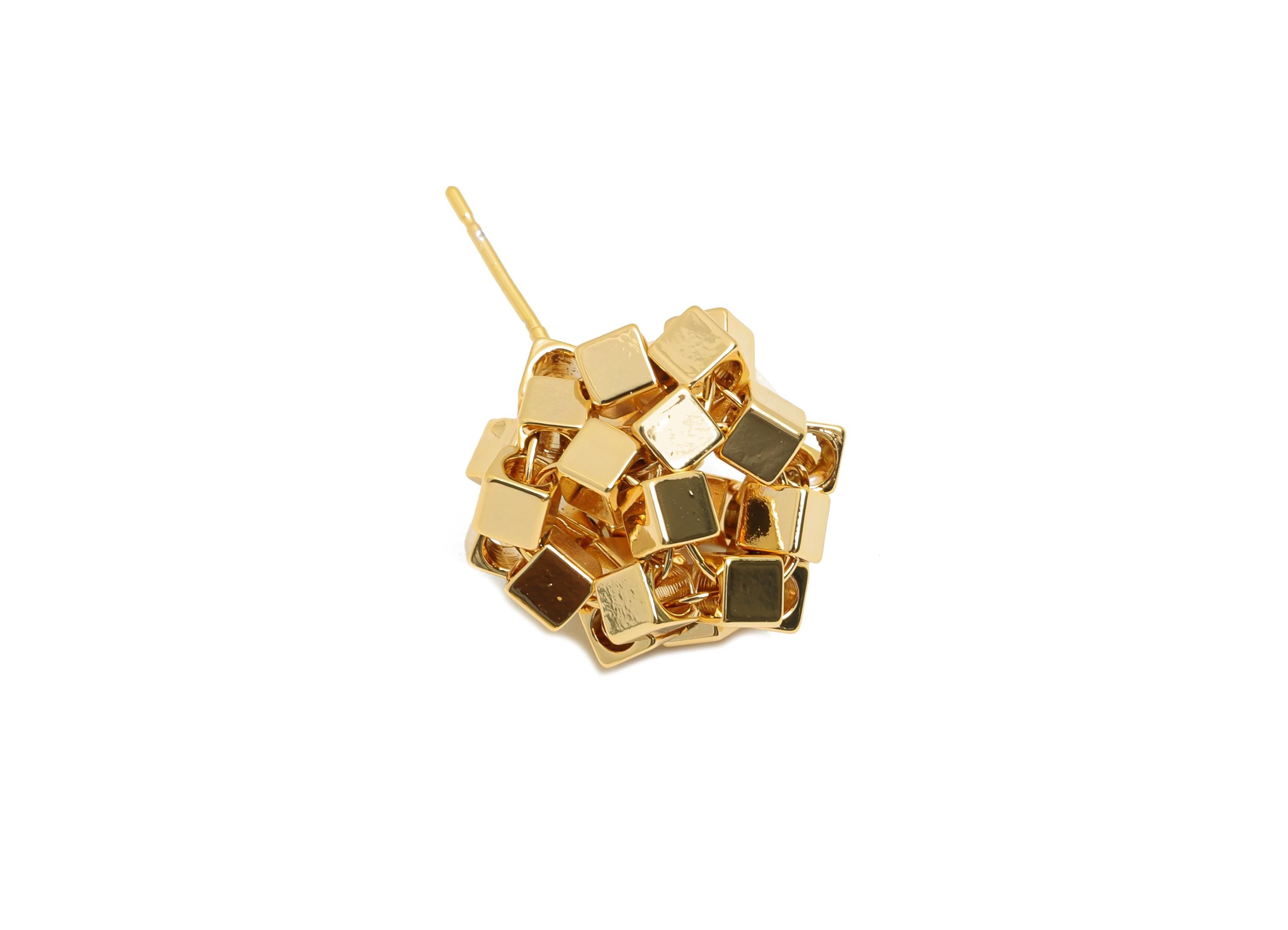 Brass Geometry Earring Post - Brass Cube Beaded Earring - Geometric Bead Cluster Earring - 18K Real  Gold Plating - 26x15x13mm - RGP10806