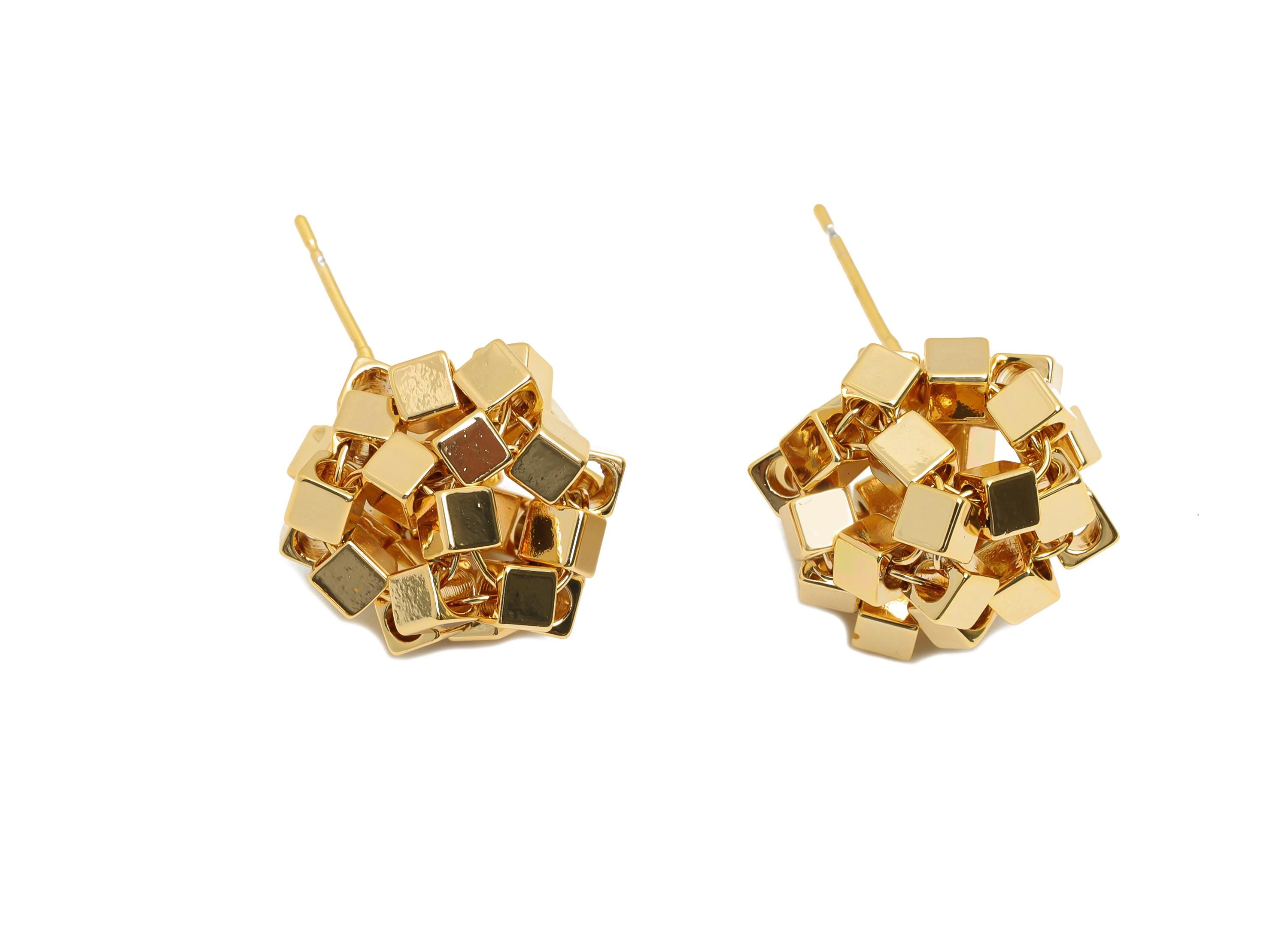 Brass Geometry Earring Post - Brass Cube Beaded Earring - Geometric Bead Cluster Earring - 18K Real  Gold Plating - 26x15x13mm - RGP10806
