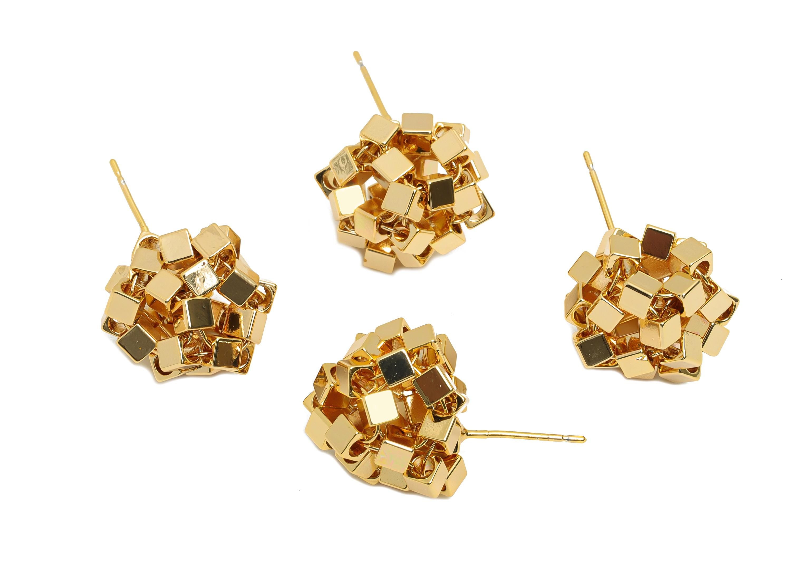Brass Geometry Earring Post - Brass Cube Beaded Earring - Geometric Bead Cluster Earring - 18K Real  Gold Plating - 26x15x13mm - RGP10806