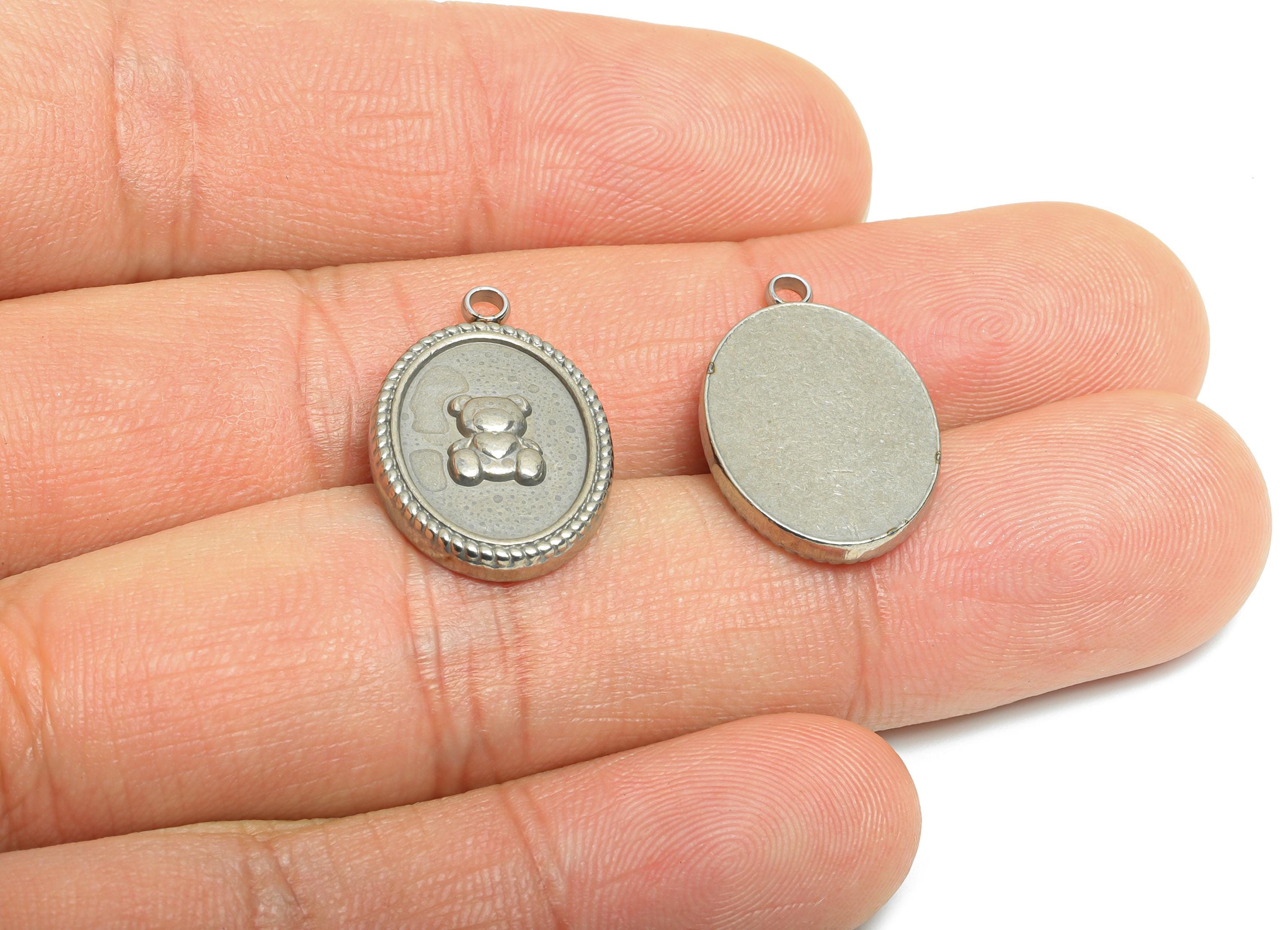 Stainless Steel Bear Pendant - Oval Bear Motif Charm - Refined Children&#39;s Jewelry Charm - Silver Steel Bear Jewelry - 20.9x14x2.8mm - SS2566 - DOMEDBAZAAR
