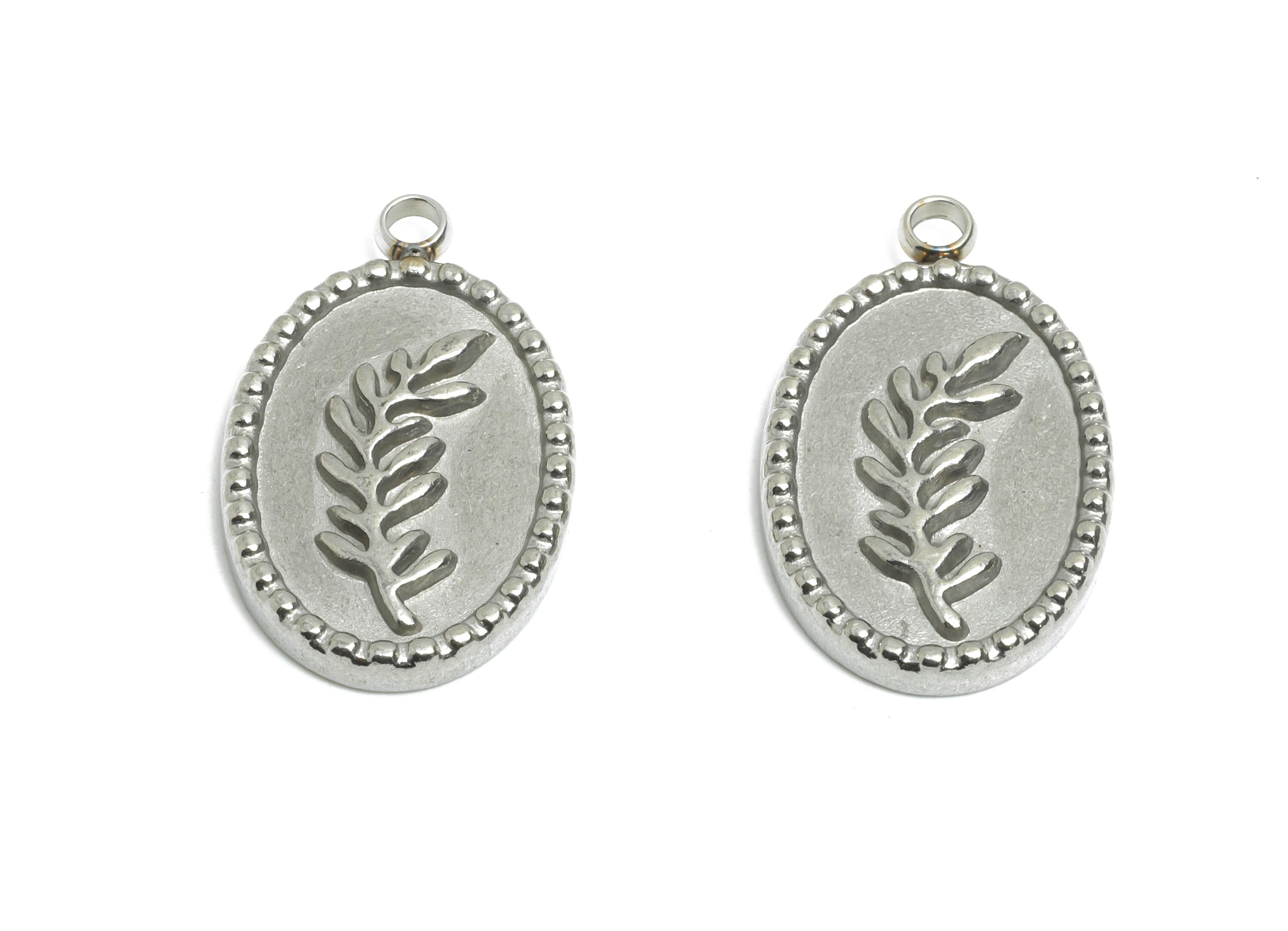 Stainless Steel Leaf Charm - Oval Silver Steel Botanical Pendant - Textured Leaf Embossed Jewelry - Steel Finding - 20.9x12.9x2.4mm - SS2574 - DOMEDBAZAAR