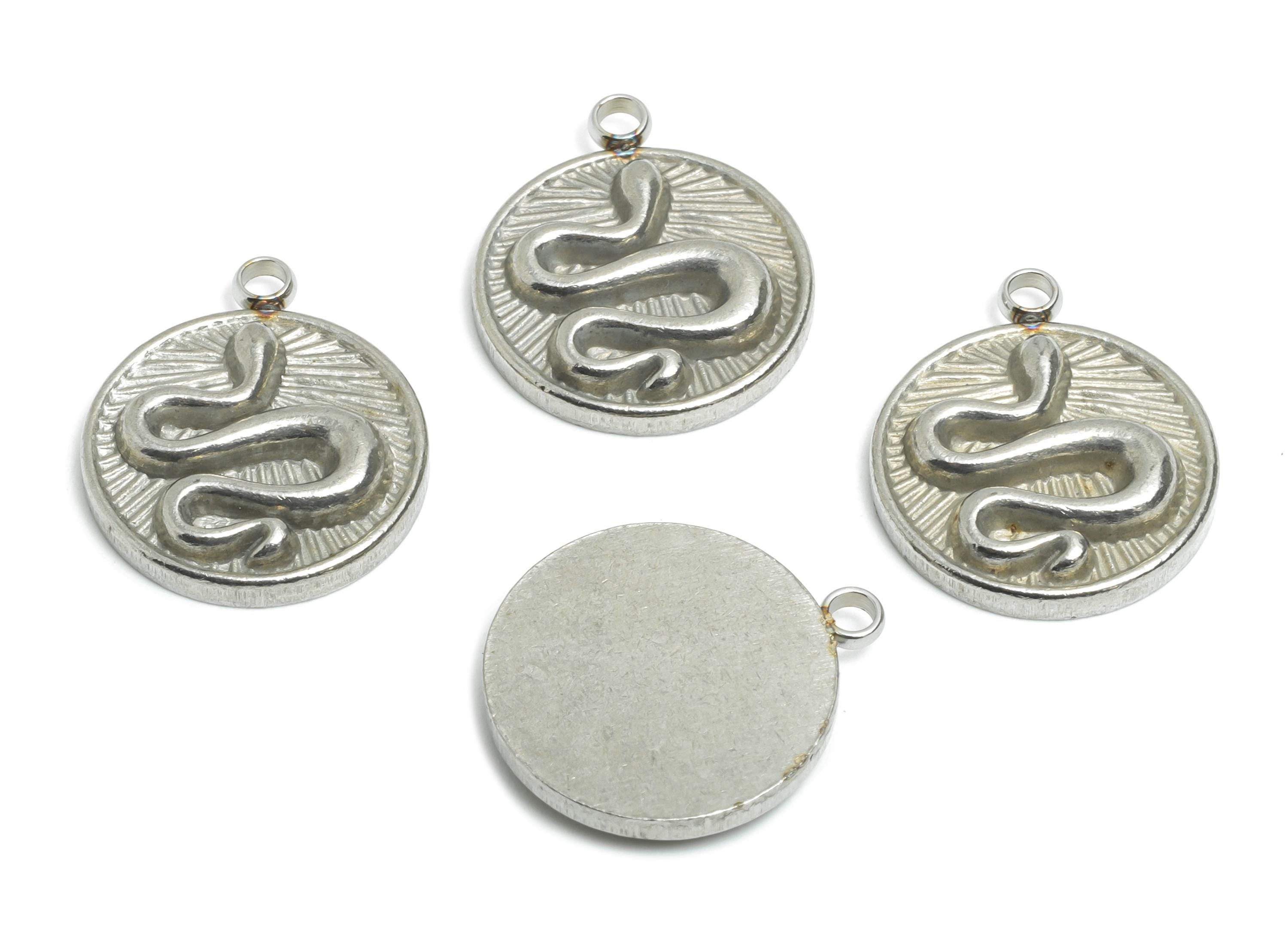 Stainless Steel Snake Charms - Round Snake Motif Necklace Pendant - Vintage Looking Charms - Steel Jewelry Finding - 17.96x15.2x3mm - SS2544 - DOMEDBAZAAR
