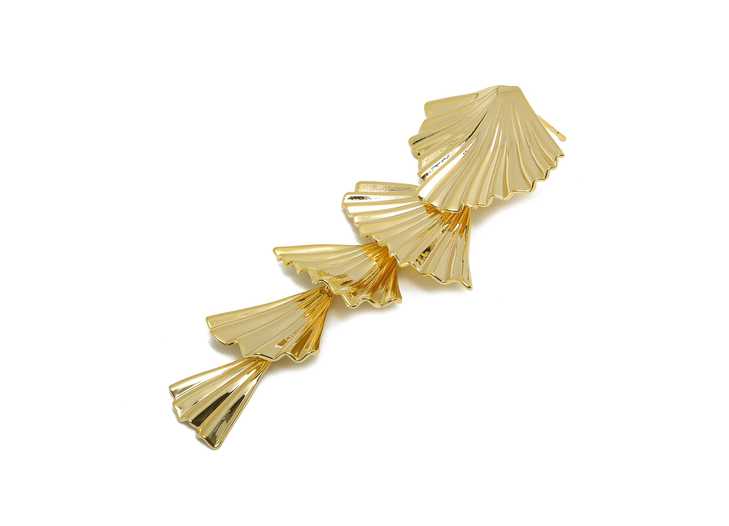 Brass Fan Earring Post - Layered Fan Drop Earring Stud - Elegant Fan Earrings for Women - 18K Real Gold Plating - 67x30x1mm - RGP10431 - DOMEDBAZAAR