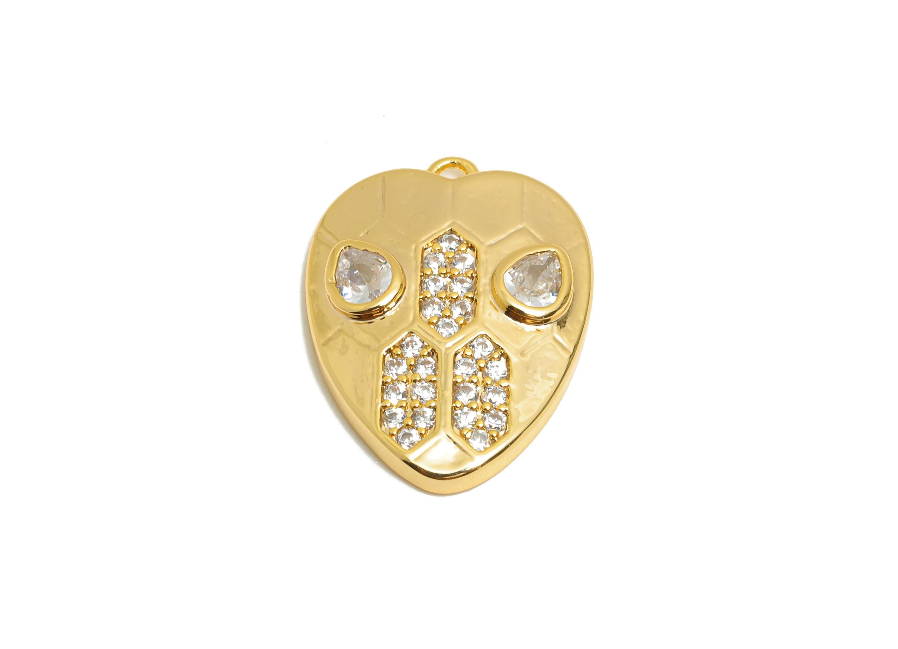 Brass CZ Heart Earring Charm - Brass Teardrop Rhinestone Pendant - Bold Heart Reptile Pendant - 18K Real Gold Plating - 41x31x2mm - RGP10958 - DOMEDBAZAAR
