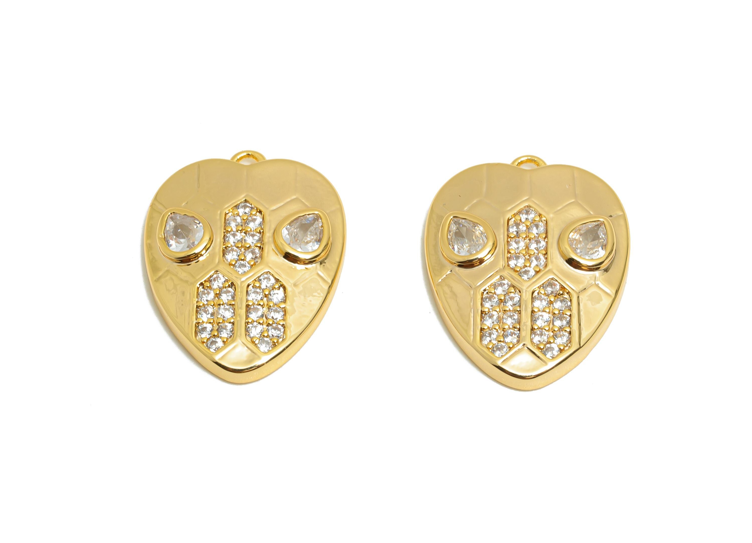 Brass CZ Heart Earring Charm - Brass Teardrop Rhinestone Pendant - Bold Heart Reptile Pendant - 18K Real Gold Plating - 41x31x2mm - RGP10958 - DOMEDBAZAAR