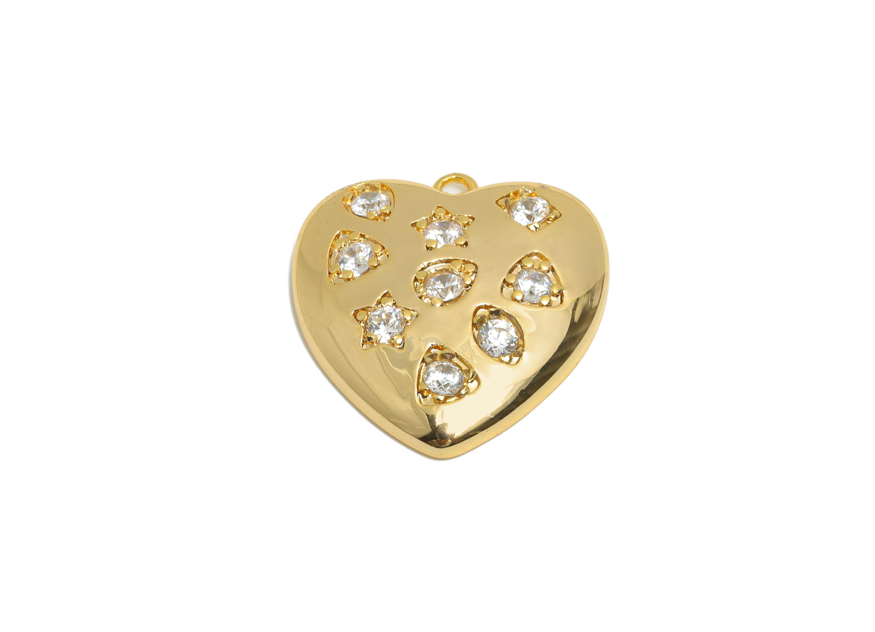 Brass Heart Pendant - Brass Star Zircon Necklace Charm  - DIY Jewelry Heart Charm for Bracelet - 18K Real Gold Plating - 19x16x2mm -RGP10957 - DOMEDBAZAAR
