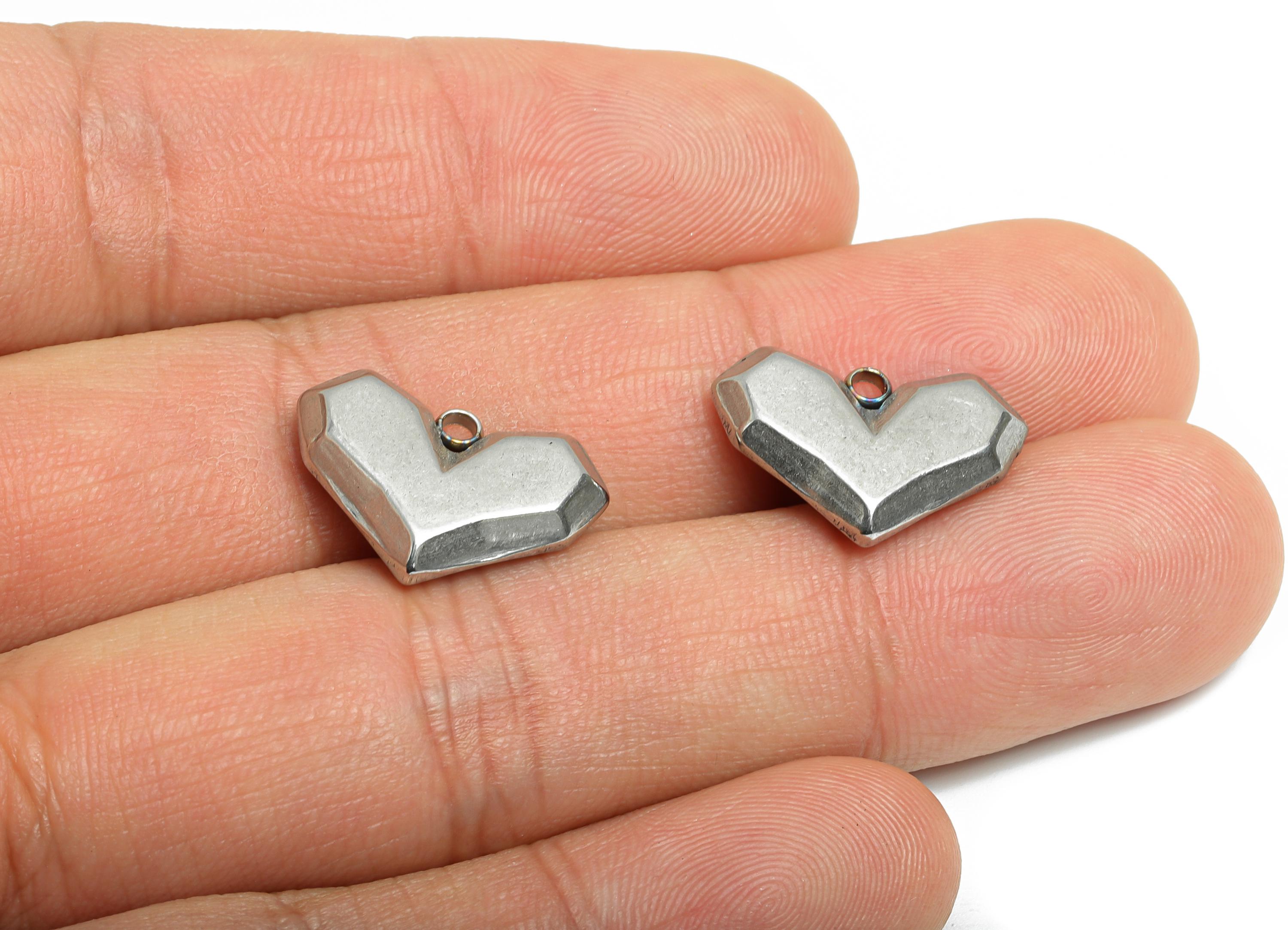 Stainless Steel Heart Charms - Faceted Heart Pendant - Minimalist Heart Charm - Romantic Steel Jewelry Finding - 13.15x18.6x3.89mm - SS2548 - DOMEDBAZAAR