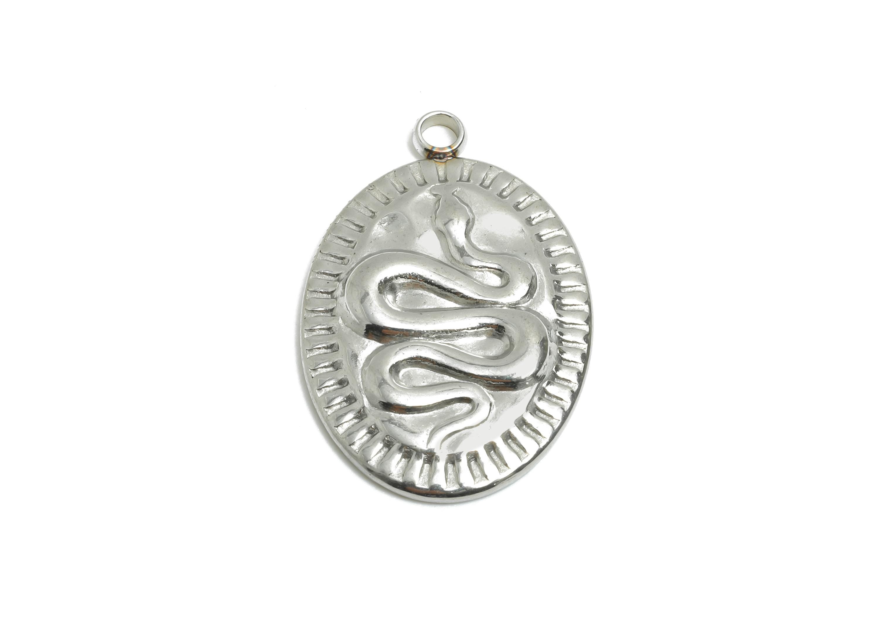 Stainless Steel Snake Motif Pendant - Snake with Sunburst Edge - Engraved Snake Medallion - Steel Jewelry Finding - 23x15.13x2.5mm - SS2545 - DOMEDBAZAAR