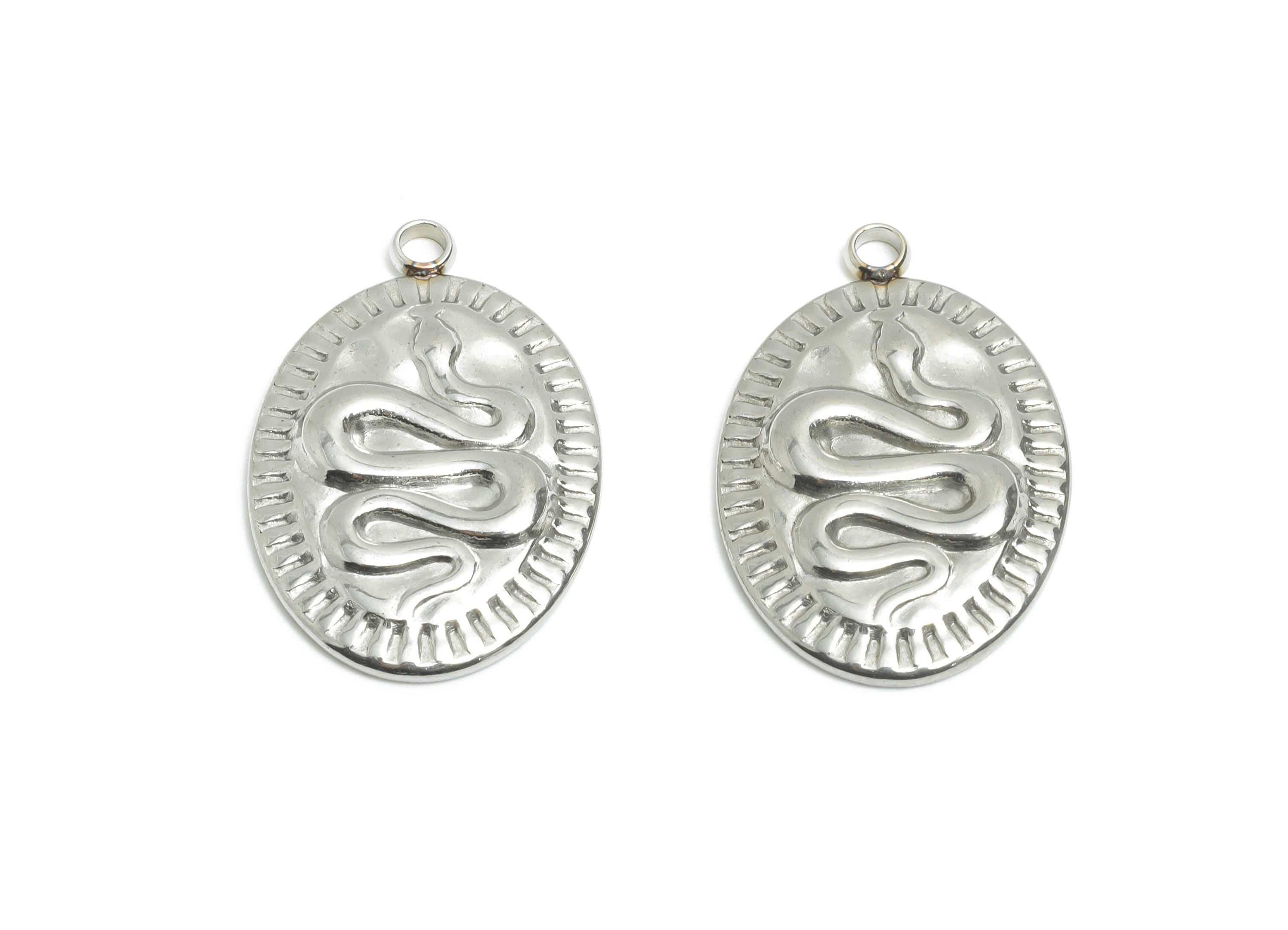 Stainless Steel Snake Motif Pendant - Snake with Sunburst Edge - Engraved Snake Medallion - Steel Jewelry Finding - 23x15.13x2.5mm - SS2545 - DOMEDBAZAAR
