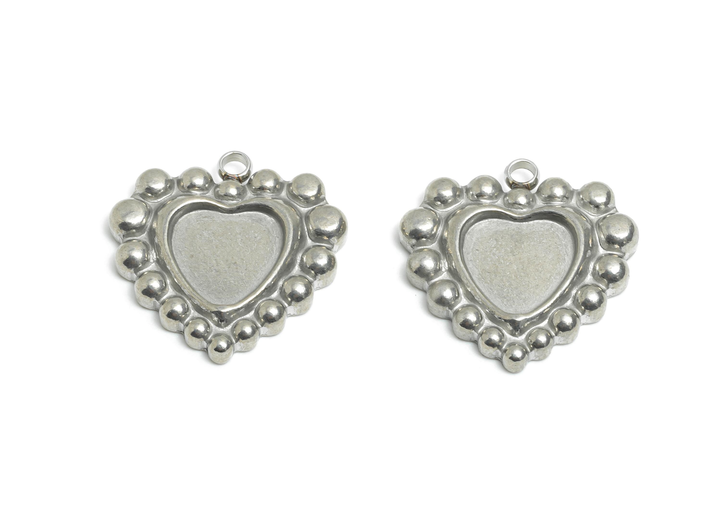 Stainless Steel Heart Charm - Vintage Looking Heart Charm - Steel Antique Looking Beaded Heart Charm - Steel Jewelry - 19x17.9x3mm - SS2576 - DOMEDBAZAAR