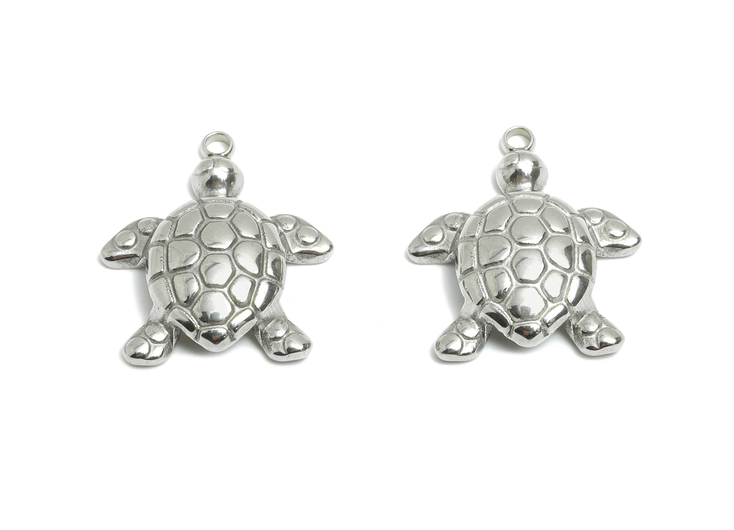 Stainless Steel Turtle Charms - Steel Textured Marine Pendant - Minimalist Sea Life Jewelry Piece - Steel Jewelry - 22x18.7x4.4mm - SS2536 - DOMEDBAZAAR