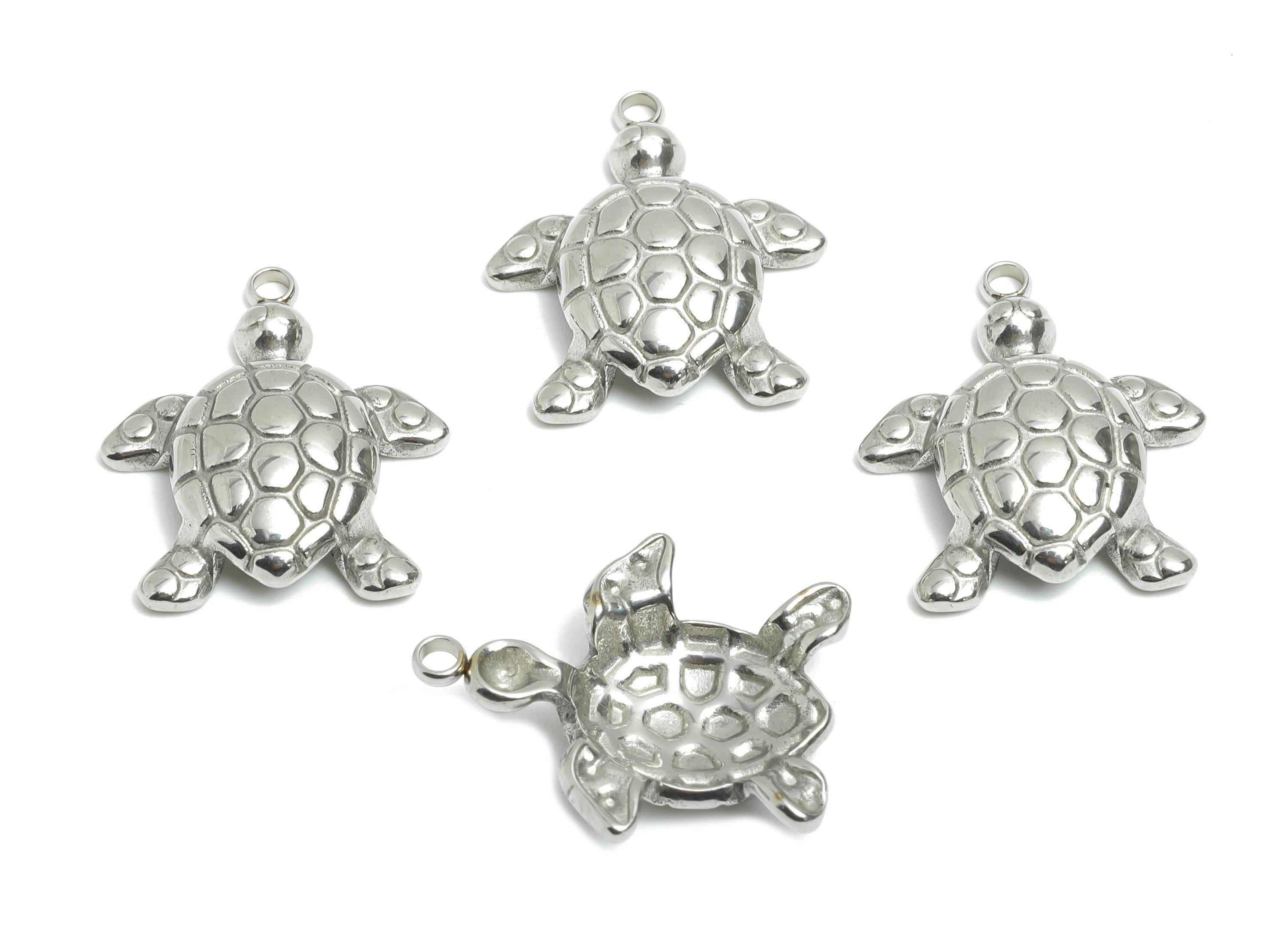 Stainless Steel Turtle Charms - Steel Textured Marine Pendant - Minimalist Sea Life Jewelry Piece - Steel Jewelry - 22x18.7x4.4mm - SS2536 - DOMEDBAZAAR