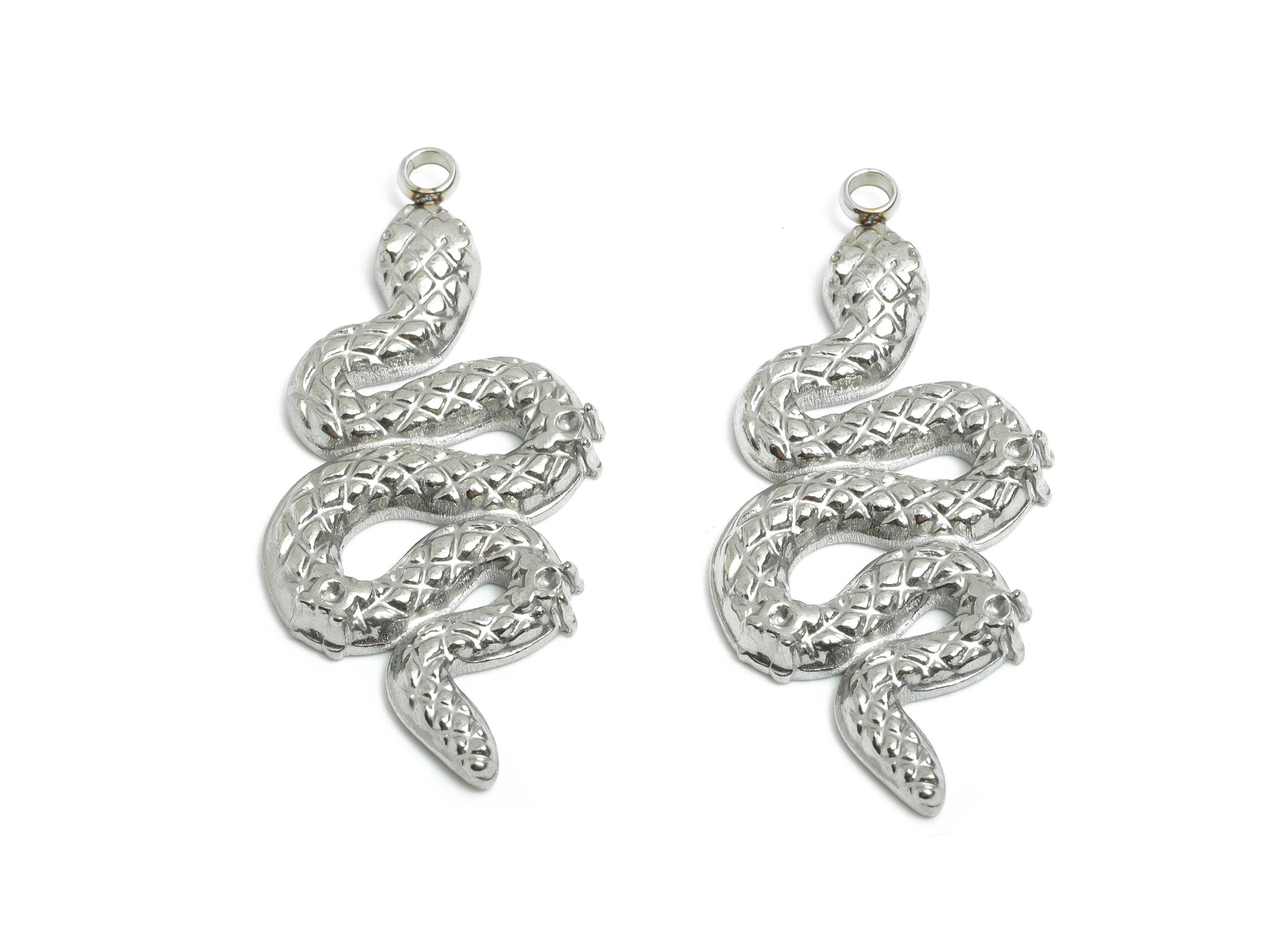 Stainless Steel Snake Pendant - Textured Snake Motif Charm - Mystical Steel Snake Jewelry - Coiled Serpent Ornament - 34x14.9x2.5mm - SS2567 - DOMEDBAZAAR