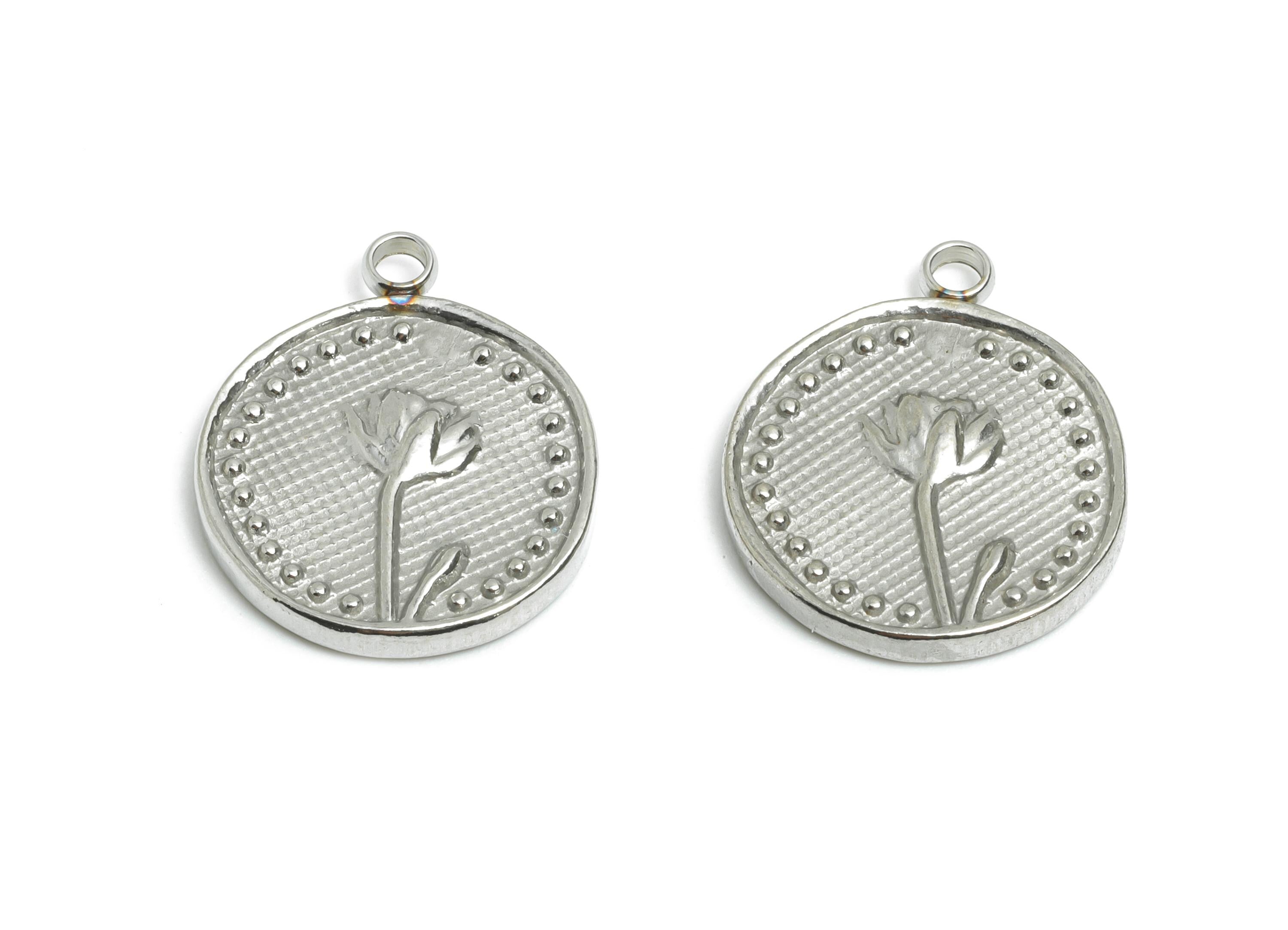 Steel Tulip Flower Pendant - Textured Steel Tulip Flower Charm - Spring Blossom Vintage Handmade Jewelry Supply - 18x15.3x2mm - SS2562 - DOMEDBAZAAR