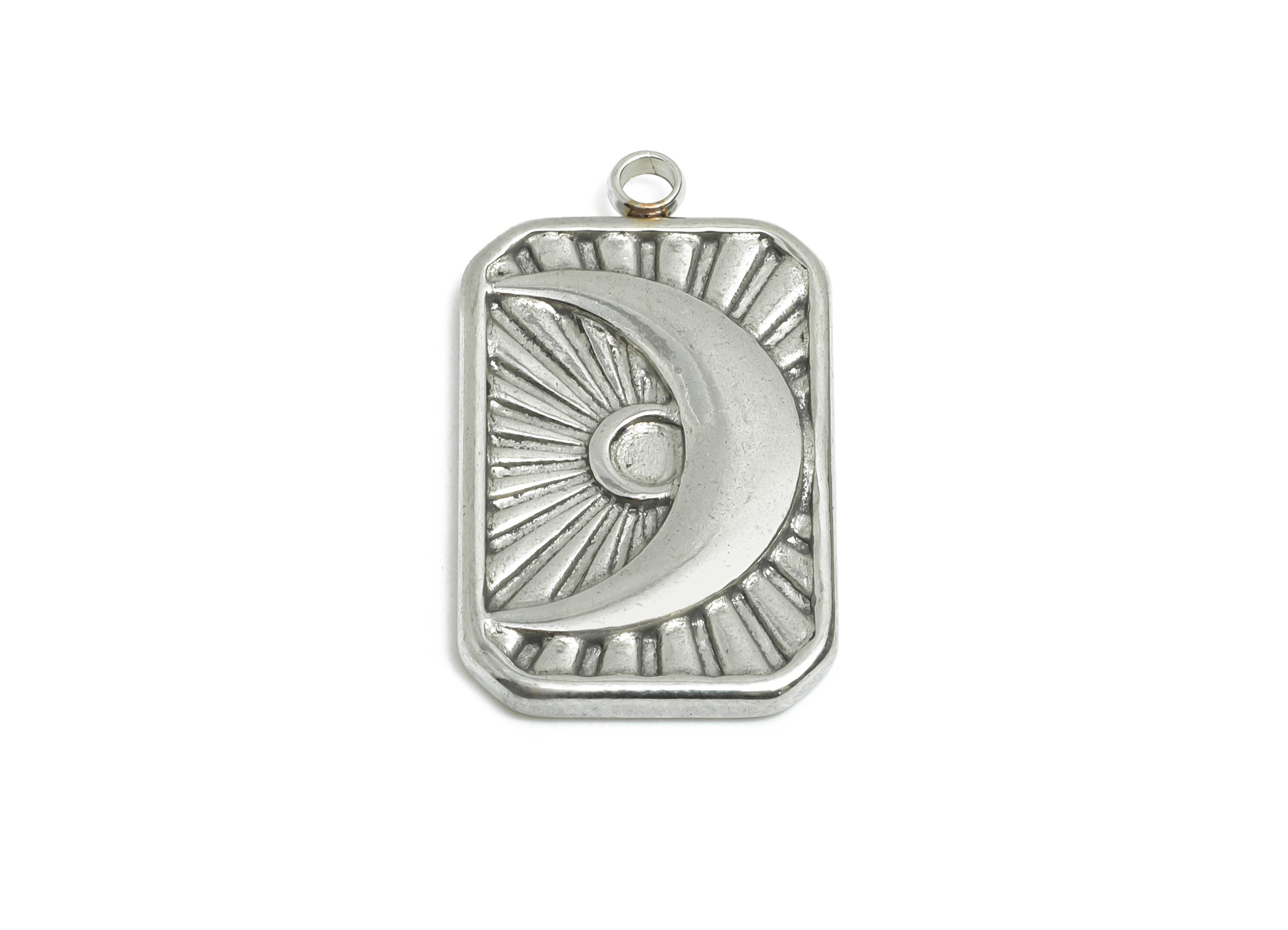 Stainless Steel Rectangle Pendant - Mystical Celestial Crescent Charms - Cosmic Jewelry Making - Steel Findings - 23.6x13.6x2.4mm - SS2561 - DOMEDBAZAAR