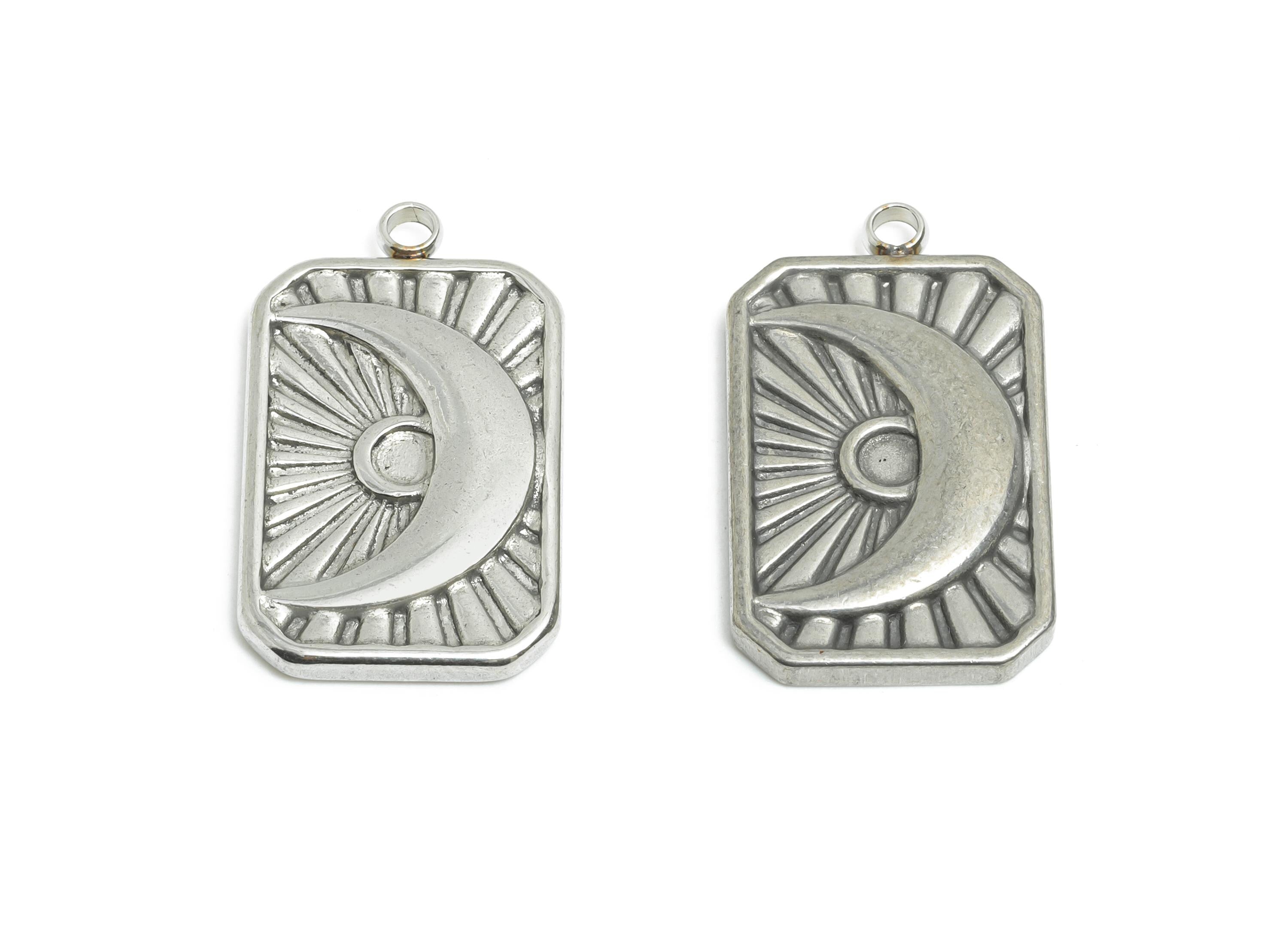 Stainless Steel Rectangle Pendant - Mystical Celestial Crescent Charms - Cosmic Jewelry Making - Steel Findings - 23.6x13.6x2.4mm - SS2561 - DOMEDBAZAAR