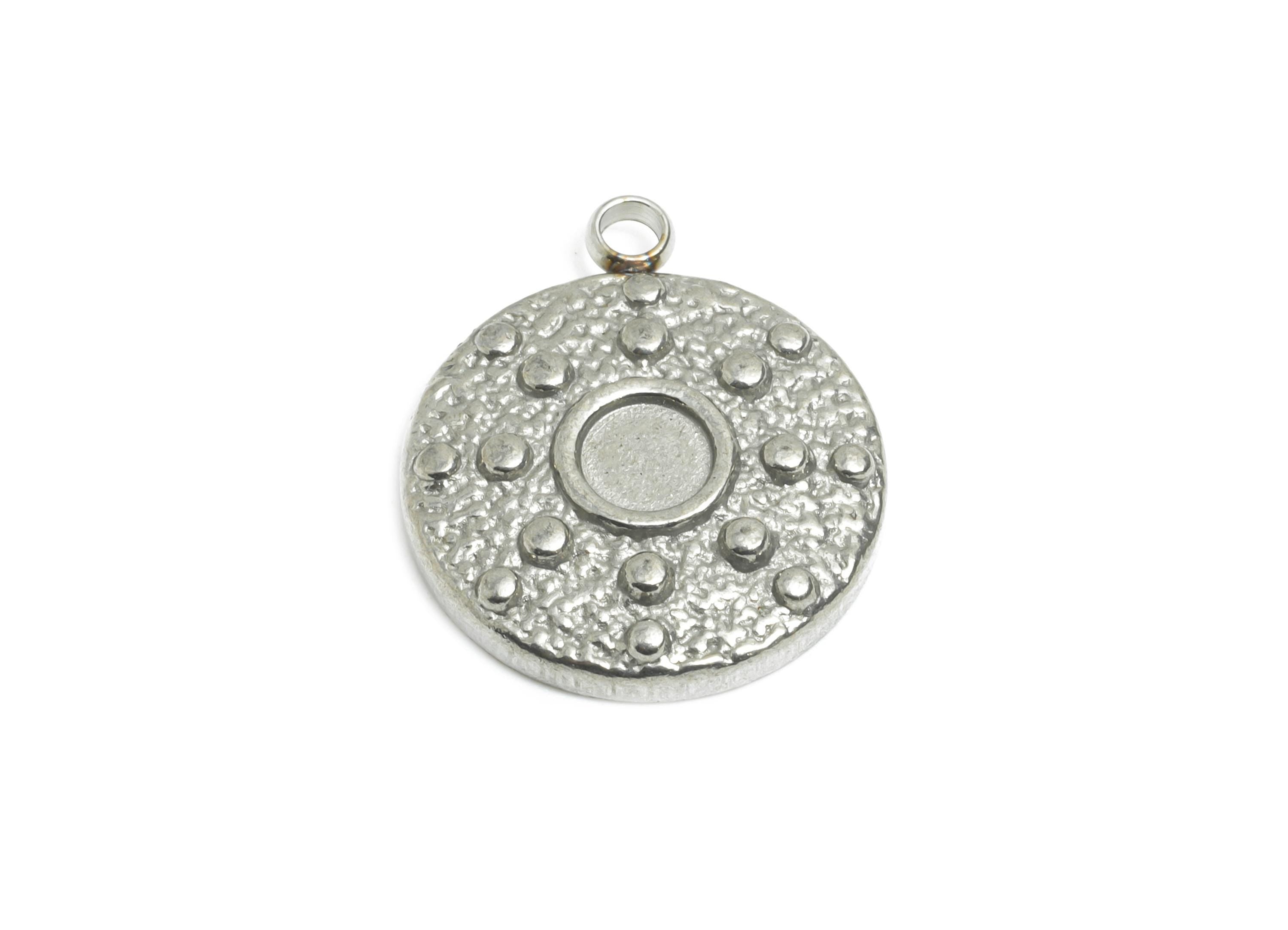 Stainless Steel Coin Pendant - Steel Craft Textured Dot Charms - Hammered Metal Disc Base Pendant - Steel Jewelry - 15x15x3mm - SS2570 - DOMEDBAZAAR