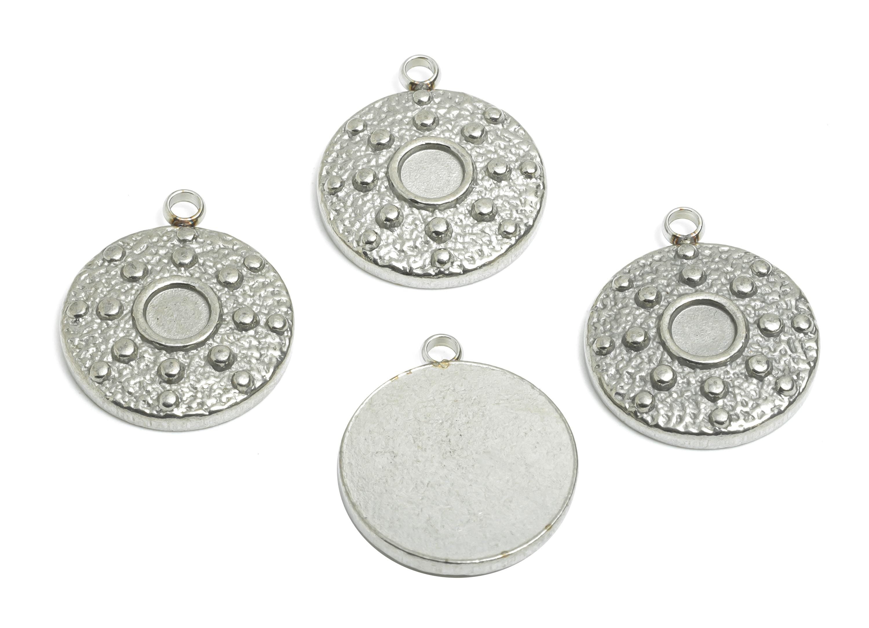 Stainless Steel Coin Pendant - Steel Craft Textured Dot Charms - Hammered Metal Disc Base Pendant - Steel Jewelry - 15x15x3mm - SS2570 - DOMEDBAZAAR