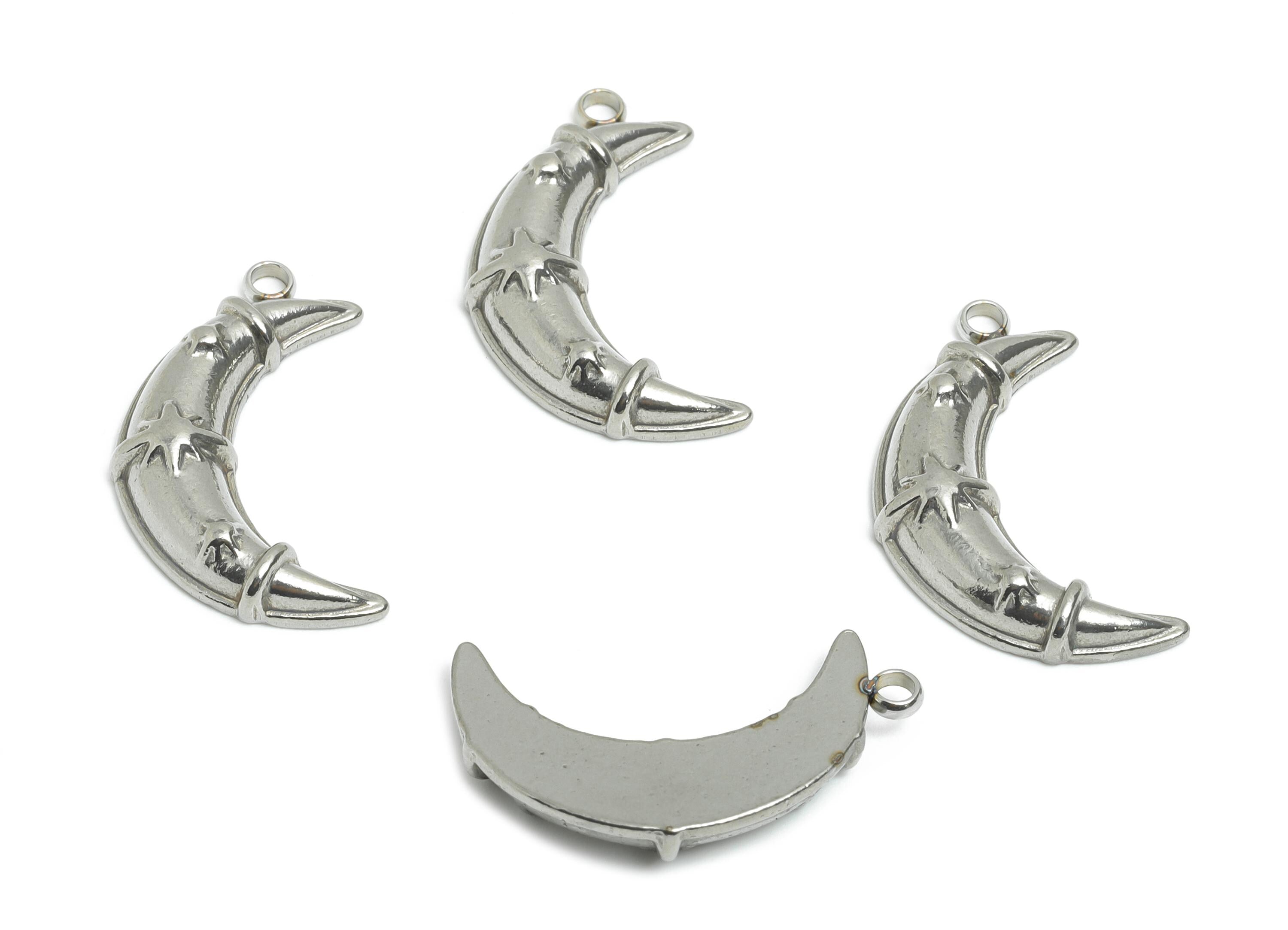 Stainless Steel Crescent Pendant - Steel Star and Moon Ornament - Minimalist Celestial Moon Charm - Steel Jewelry Charm - 24x12x4mm - SS2559 - DOMEDBAZAAR