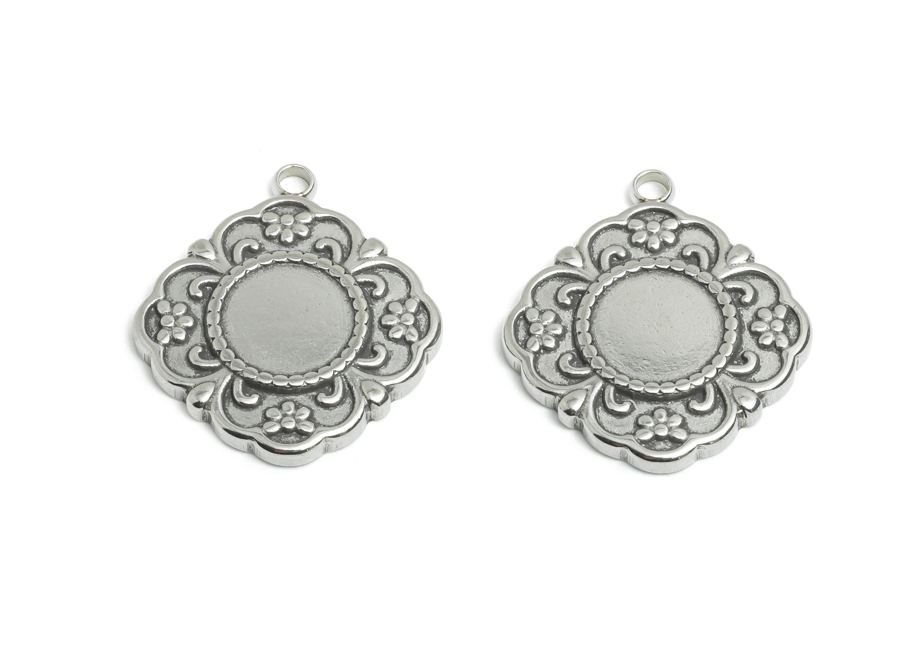 Stainless Steel Floral Pendant - Vintage Silver Steel Flower Charms - Decorative Floral Jewelry - Steel Finding - 21x19x2.13mm - SS2560 - DOMEDBAZAAR