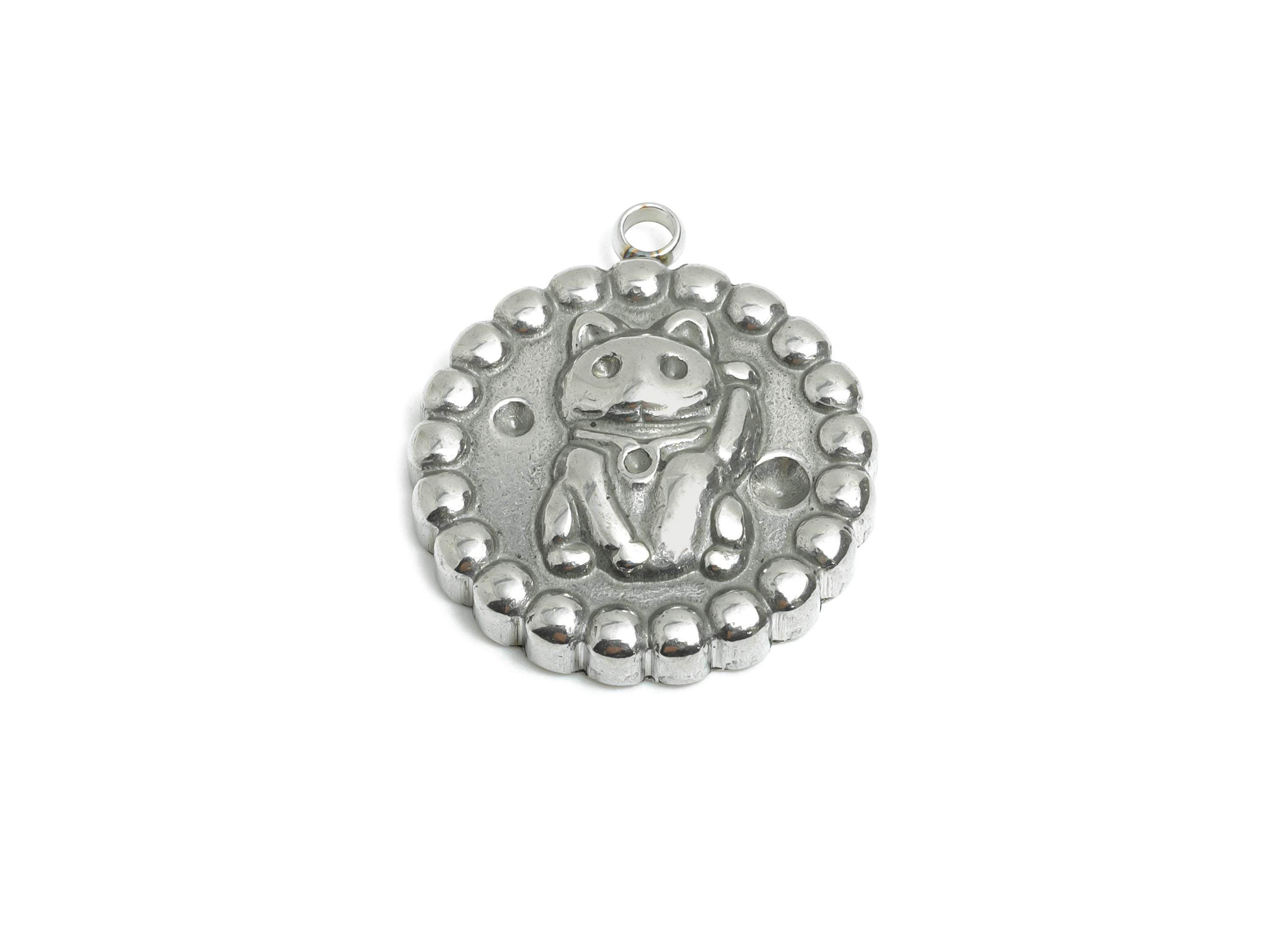 Stainless Steel Cat Pendant - Asian Good Luck Symbol - Silver Token with Waving Cat Charm - Silver Fortune Cat Design - 20x18x4mm - SS2543 - DOMEDBAZAAR