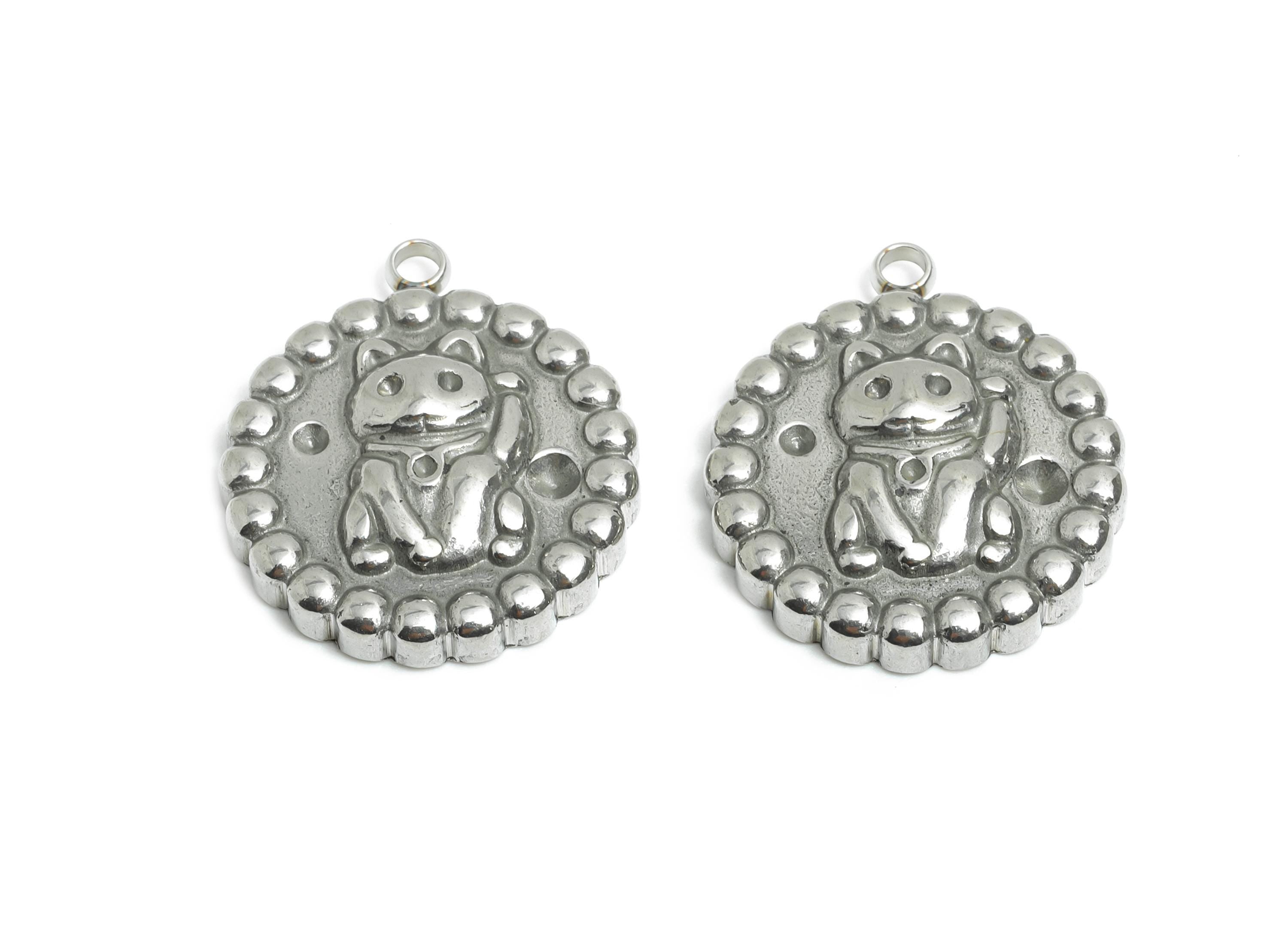 Stainless Steel Cat Pendant - Asian Good Luck Symbol - Silver Token with Waving Cat Charm - Silver Fortune Cat Design - 20x18x4mm - SS2543 - DOMEDBAZAAR