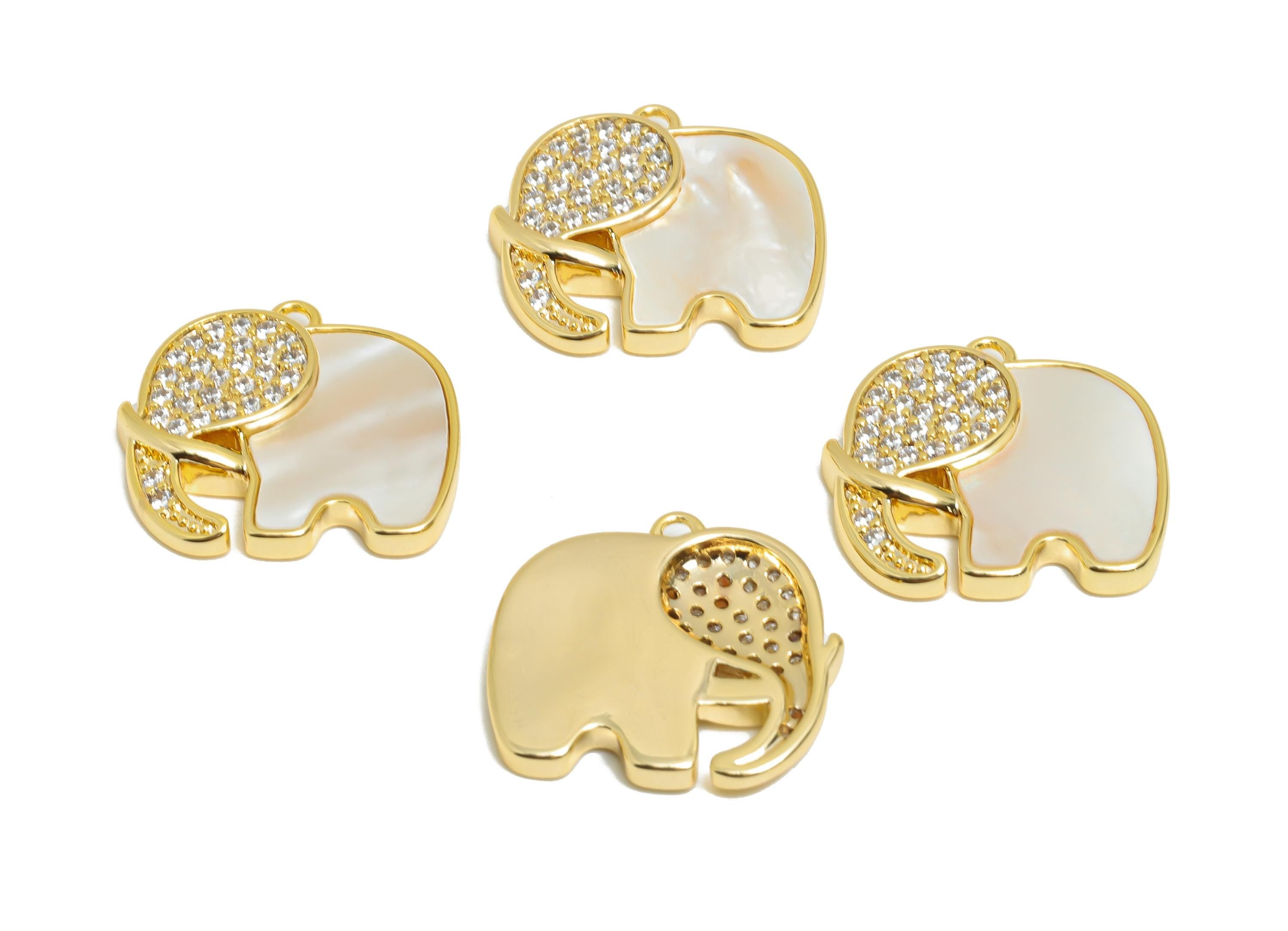 Brass Elephant Pendant - Brass Shell Cubic Zircon Elephant Charm - Sparkling Elephant Pendant - 18K Real Gold Plating - 17x15x3mm - RGP10966 - DOMEDBAZAAR