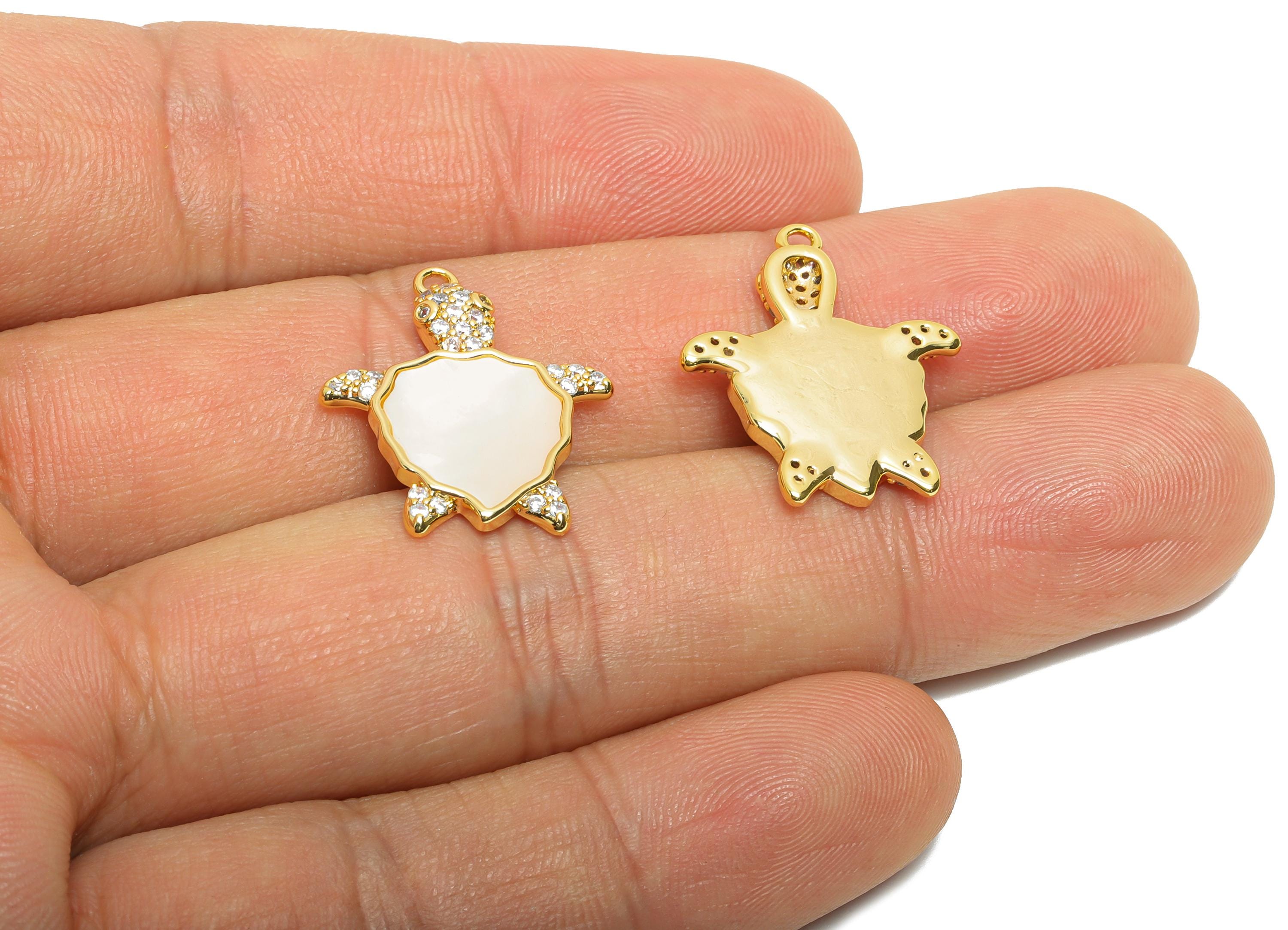 Brass Turtle Pendant - Brass Shell Cubic Zircon Marine Life Charm - Sparkling Turtle Pendant - 18K Real Gold Plating - 17x15x3mm - RGP10967 - DOMEDBAZAAR