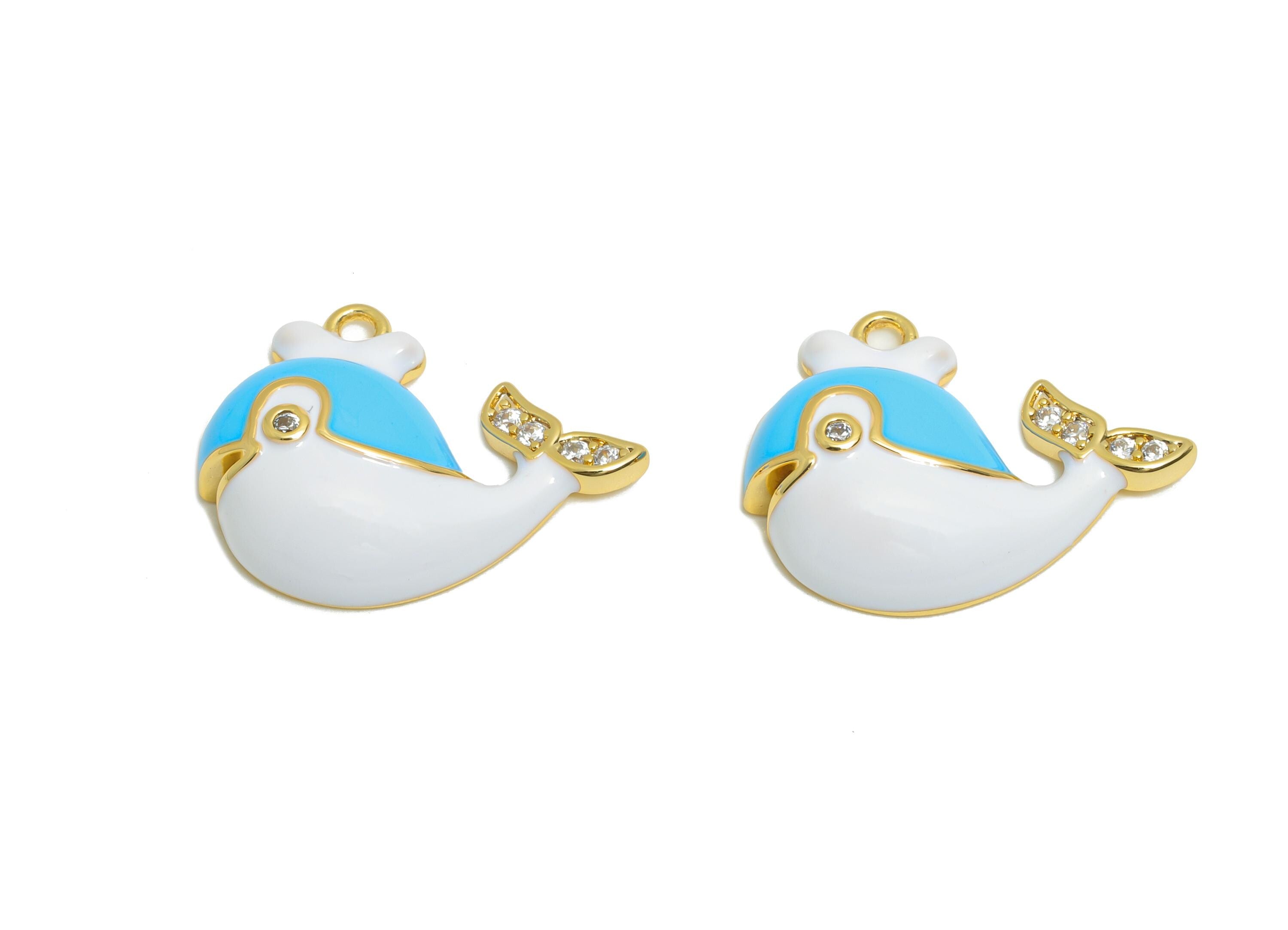Brass Whale Enamel Pendant - Brass Cubic Zircon Marine Life Charm - Enamel Whale Jewelry - 18K Real Gold Plating - 17x15x3mm - RGP10954
