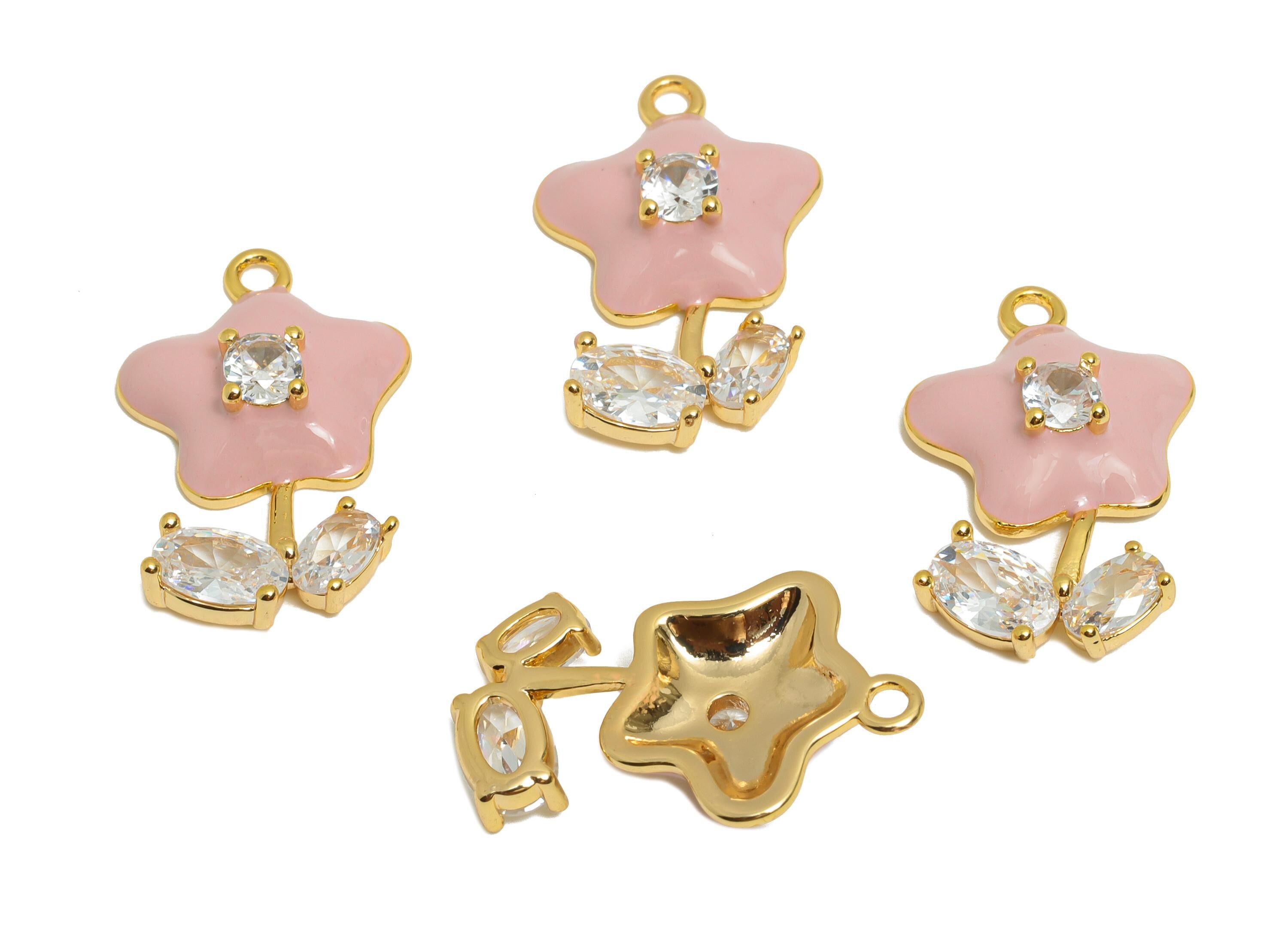 Brass Daisy Enamel Pendant - Brass Rectangle Zircon Floral Charm - Enamel Pink Flower Jewelry - 18K Real Gold Plating - 20x13x4mm - RGP10962
