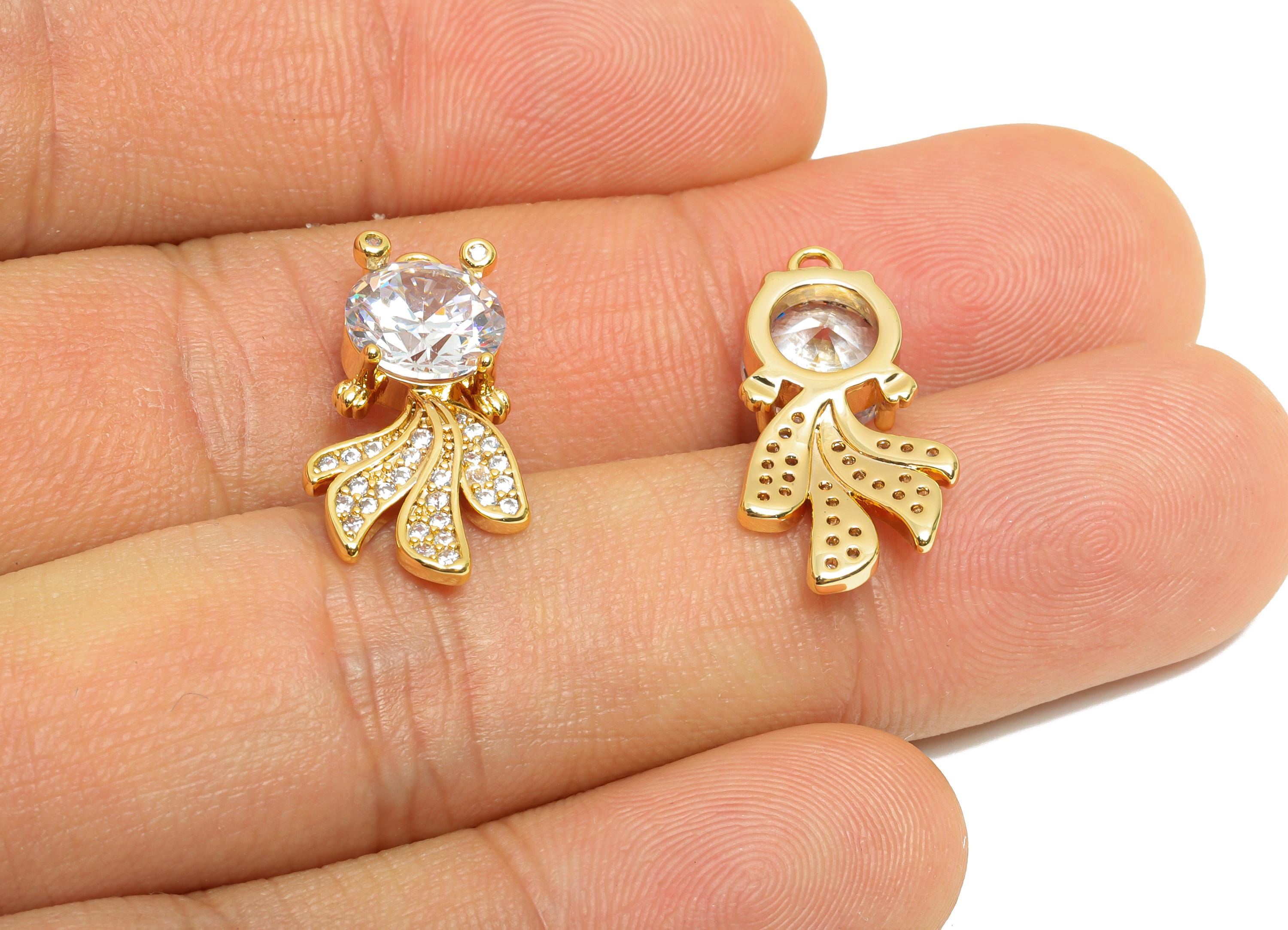 Brass Fish CZ Pendant - Brass Cubic Zircon Marine Life Charm - Sparkling Luxury Necklace Charm - 18K Real Gold Plating - 21x11x4mm -RGP10960 - DOMEDBAZAAR