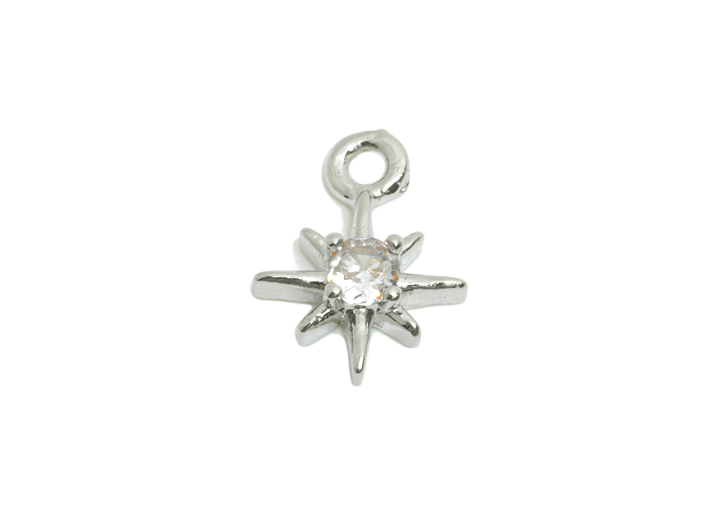 Brass Star CZ Earring Charm - Brass  Zircon North Star Charm - Sparkling Charm For Jewelry Making - Silver Tone Plating - 21x11x4mm-RGP10971 - DOMEDBAZAAR