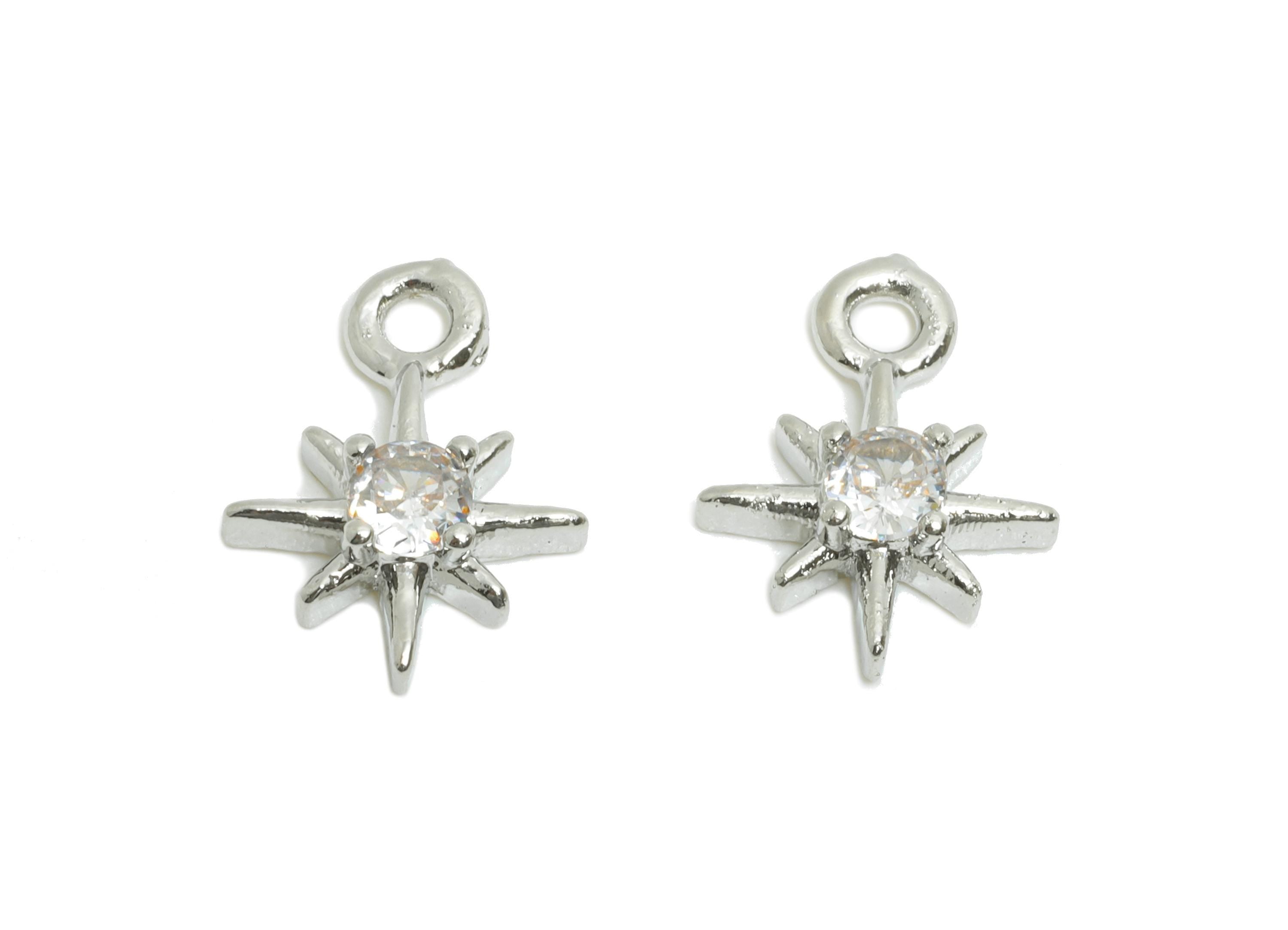 Brass Star CZ Earring Charm - Brass  Zircon North Star Charm - Sparkling Charm For Jewelry Making - Silver Tone Plating - 21x11x4mm-RGP10971 - DOMEDBAZAAR