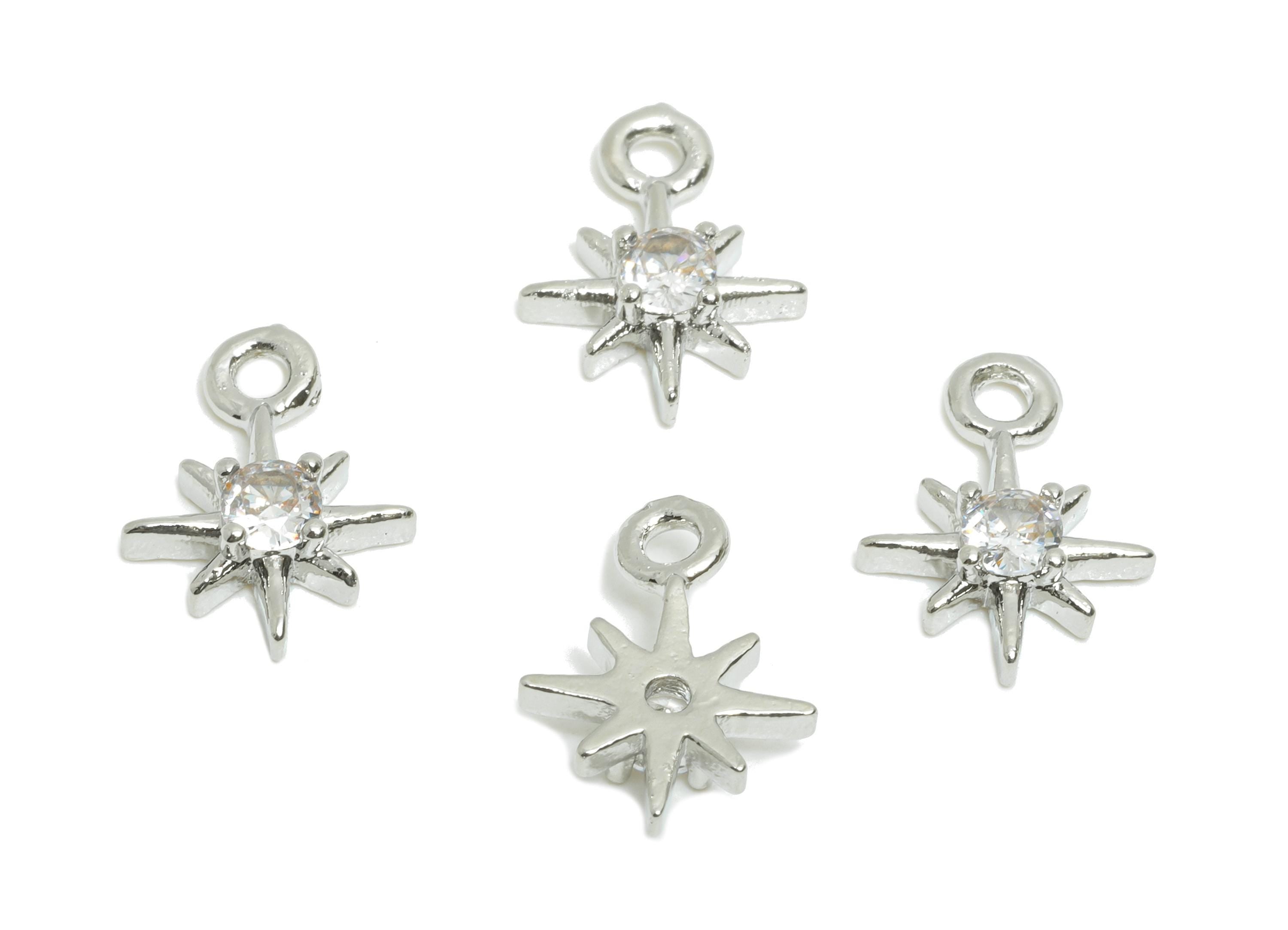 Brass Star CZ Earring Charm - Brass  Zircon North Star Charm - Sparkling Charm For Jewelry Making - Silver Tone Plating - 21x11x4mm-RGP10971 - DOMEDBAZAAR