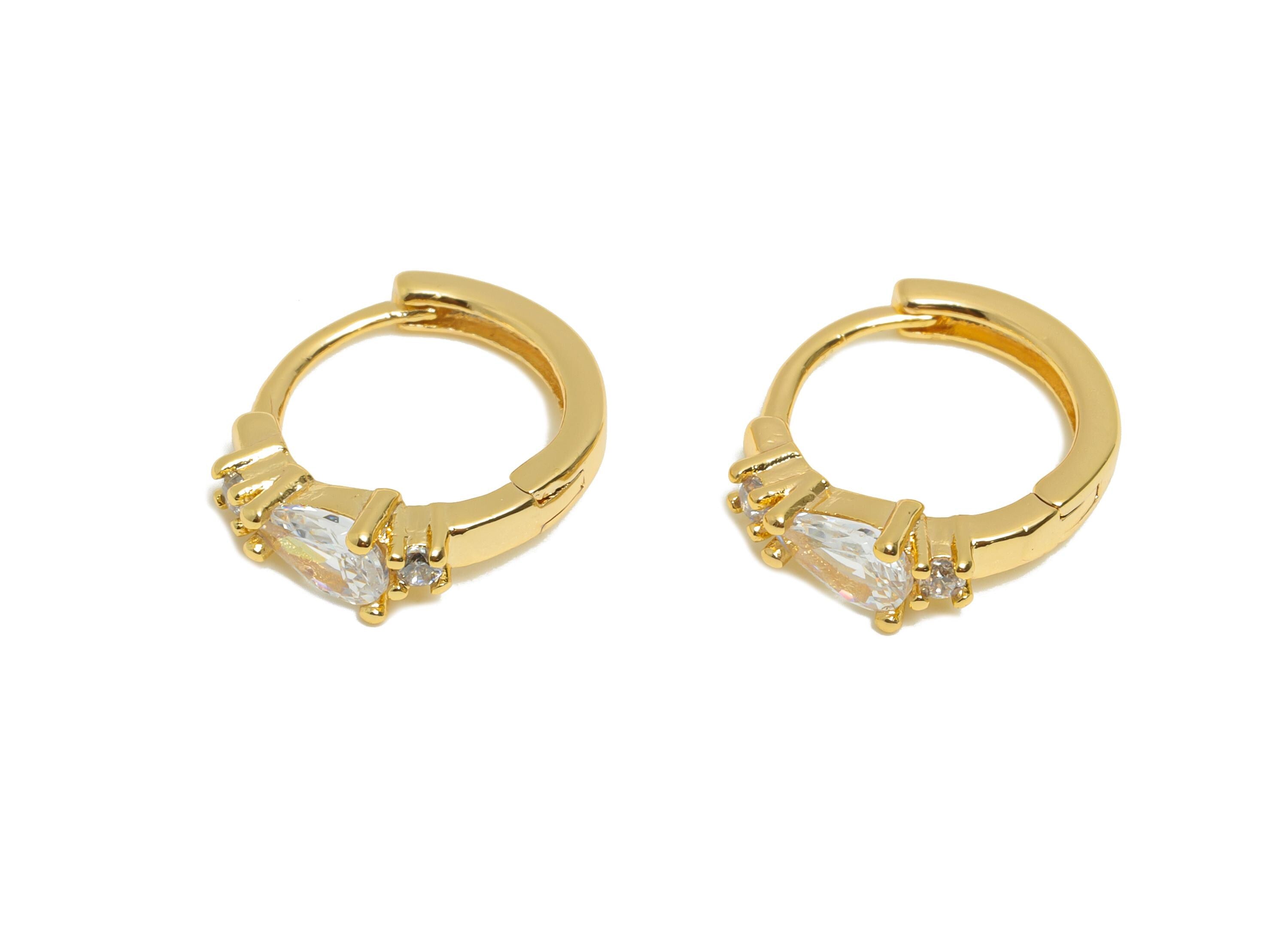Brass CZ Huggie Hoop Earring - Brass Teardrop Zircon Earring - Refined Huggie Hoop Clasp - 18K Real Gold Plated - 12.8x12.3x3.5mm - RGP10940 - DOMEDBAZAAR