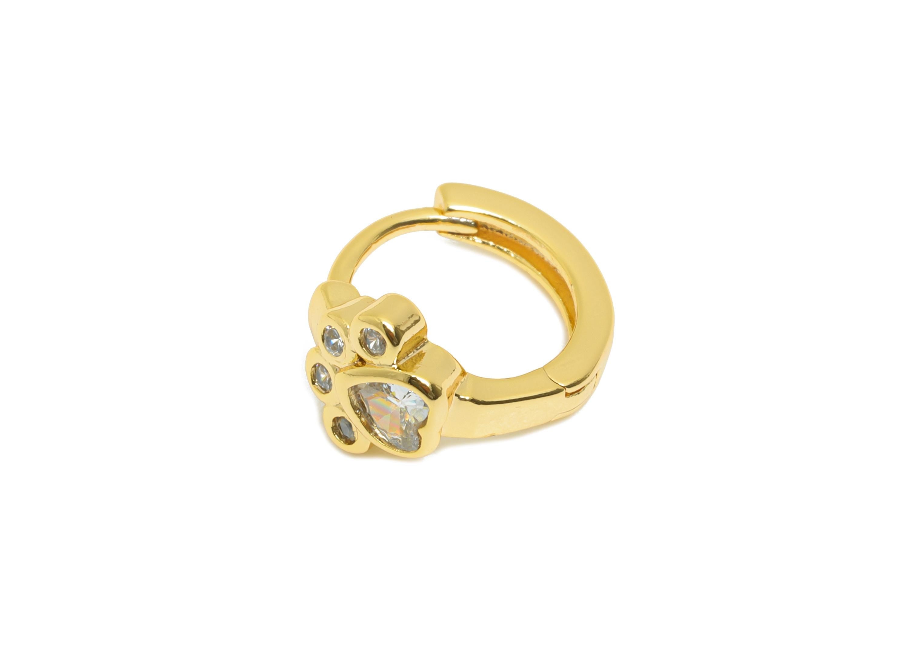 Brass CZ Huggie Hoop Earring - Brass Paw Zircon Earring - Cute Animal Paw Huggie Hoop Clasp - 18K Real Gold Plated - 11.7x10x6.6mm -RGP10909 - DOMEDBAZAAR