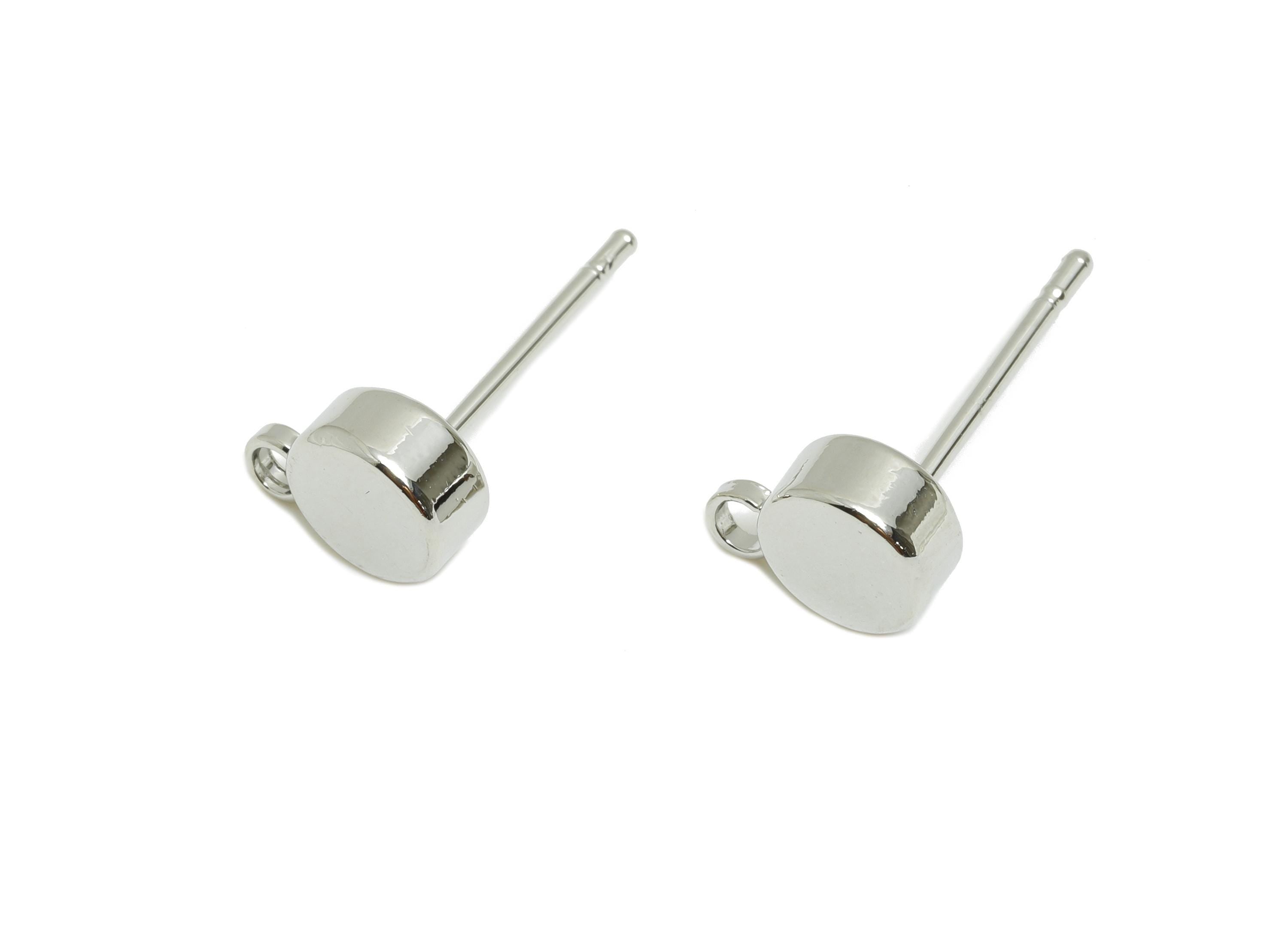 Brass Round Flat Earring Post - Brass  DIY Earring Stud With Loop - Craft Earring Accessories - 18k Real White Plated - 8x5x3mm - RGP10970 - DOMEDBAZAAR
