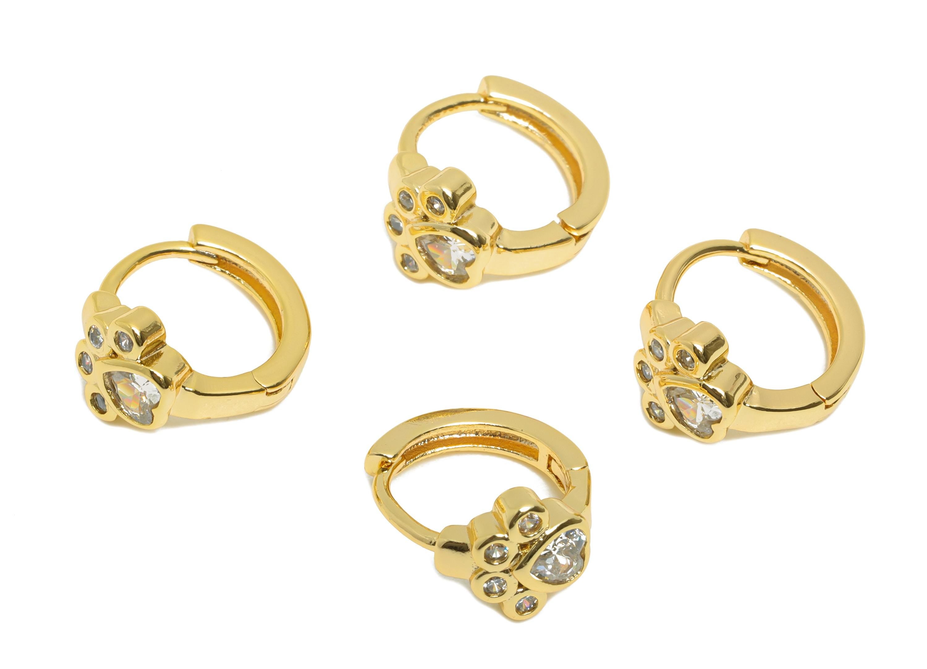 Brass CZ Huggie Hoop Earring - Brass Paw Zircon Earring - Cute Animal Paw Huggie Hoop Clasp - 18K Real Gold Plated - 11.7x10x6.6mm -RGP10909 - DOMEDBAZAAR